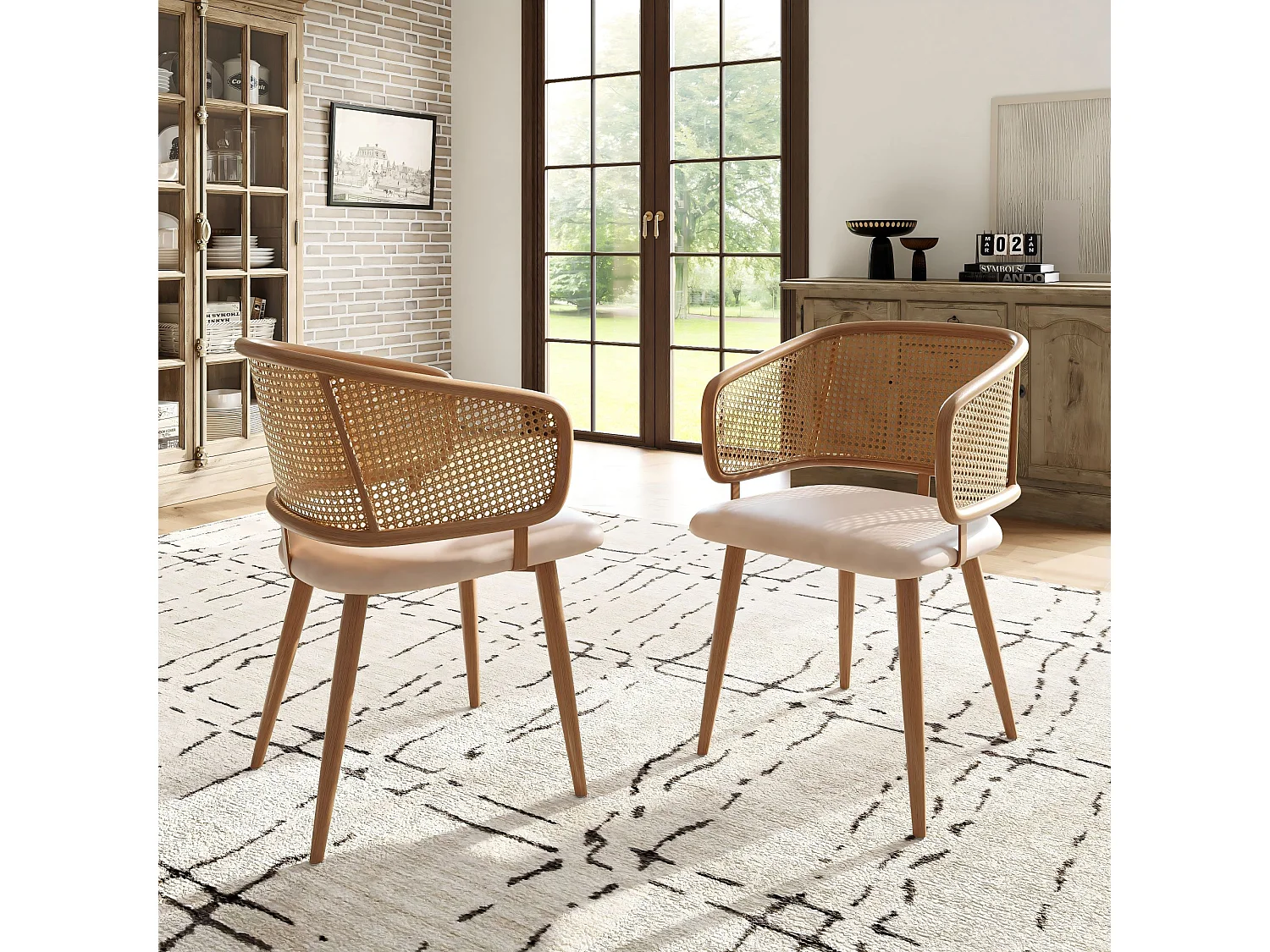 Lot de 2 Chaises de Salle à Manger avec Dossier en Rotin, Assise en PU Similicuir, Confortable et Respirant, Pour Restaurant