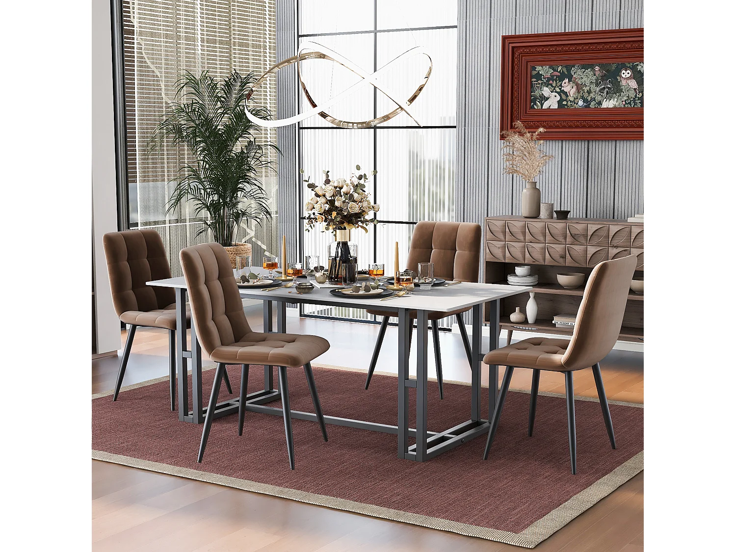 Lot de 4 Chaises de Salle à Manger, Assise en Velours, Dossier avec Accoudoirs, Pieds Métal Marron, Design Moderne