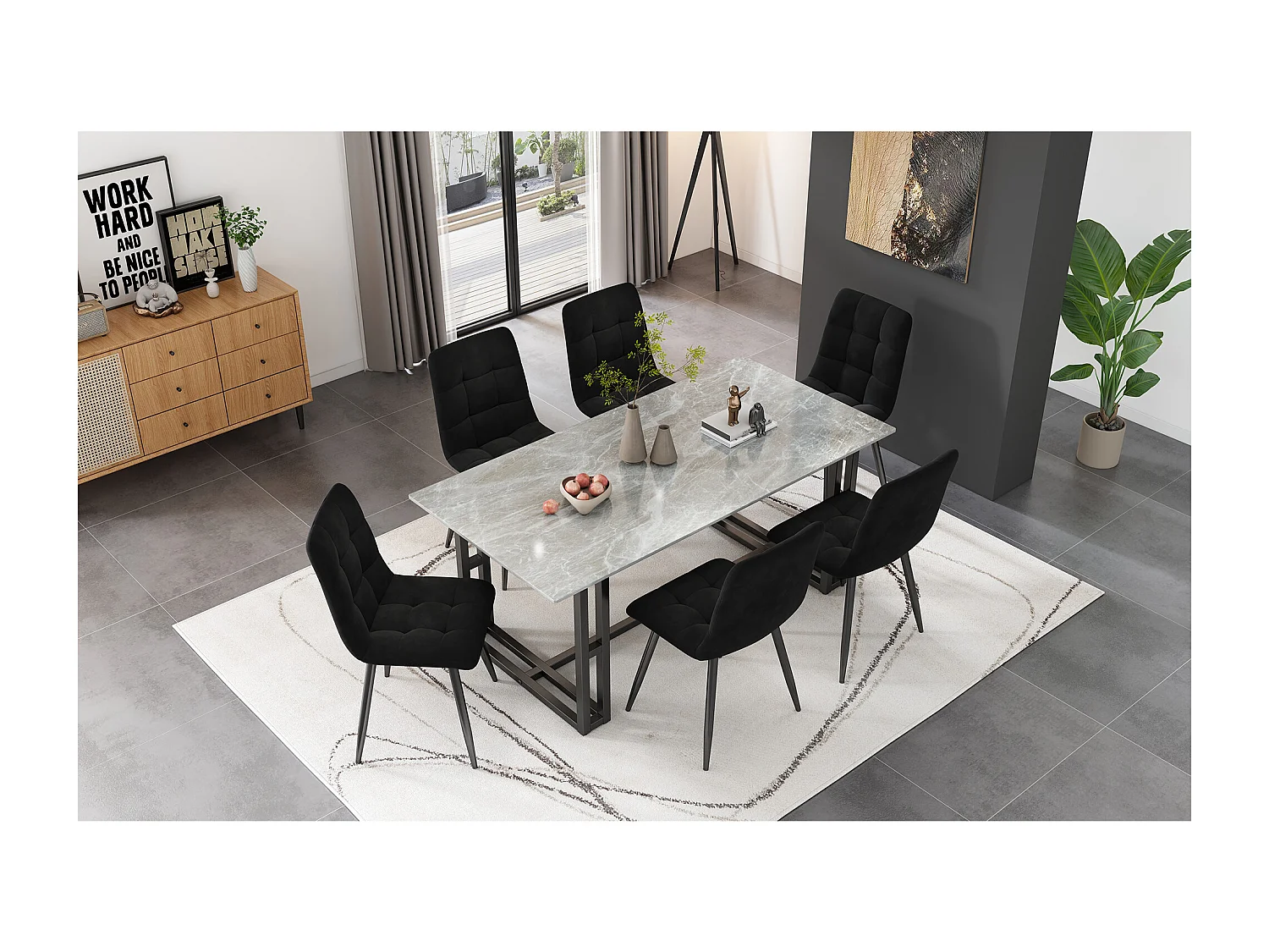 Lot de 4 Chaises de Salle à Manger, Assise en Velours, Dossier avec Accoudoirs, Pieds Métal Noir, Design Élégant