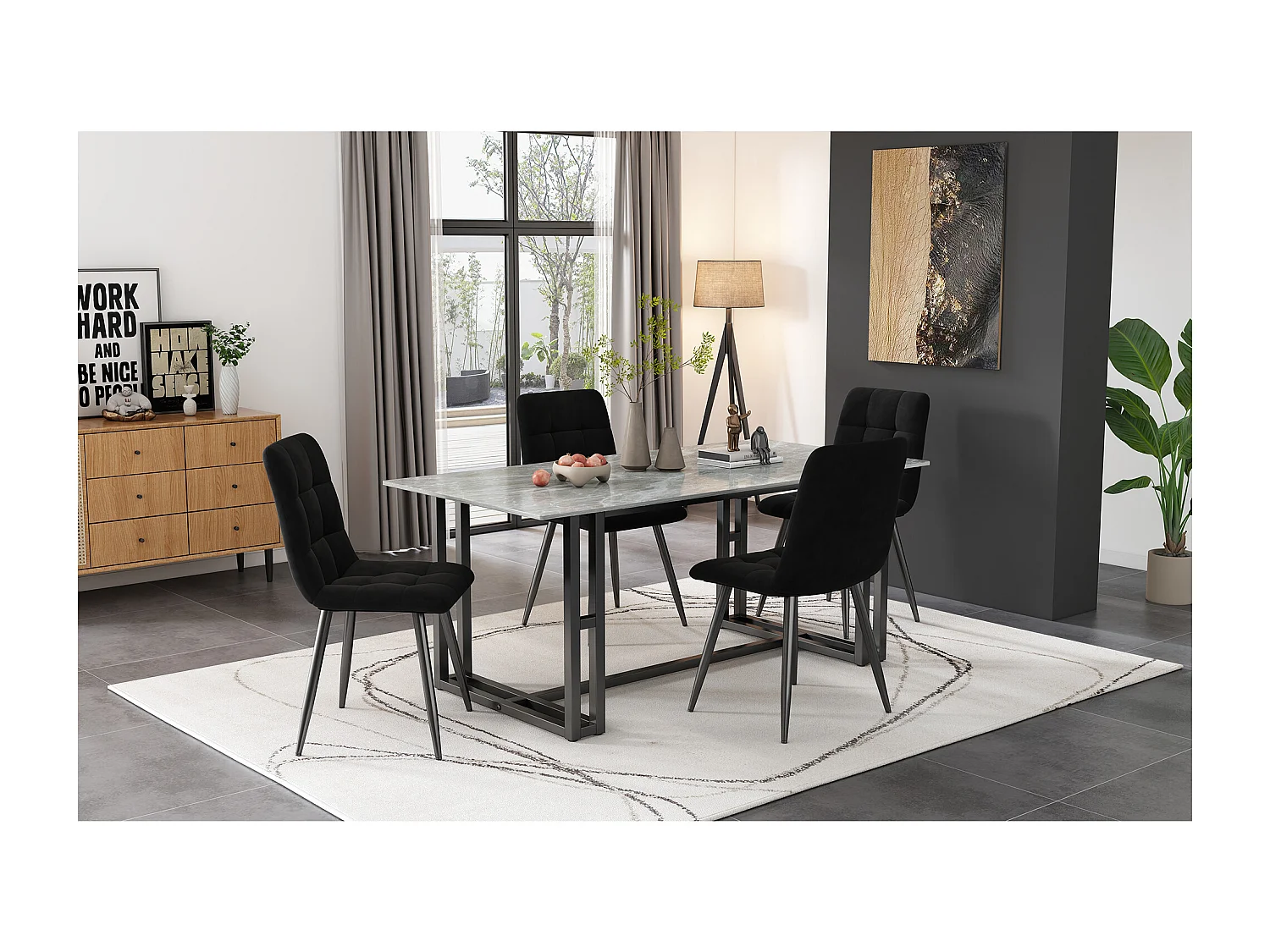 Lot de 4 Chaises de Salle à Manger, Assise en Velours, Dossier avec Accoudoirs, Pieds Métal Noir, Design Élégant