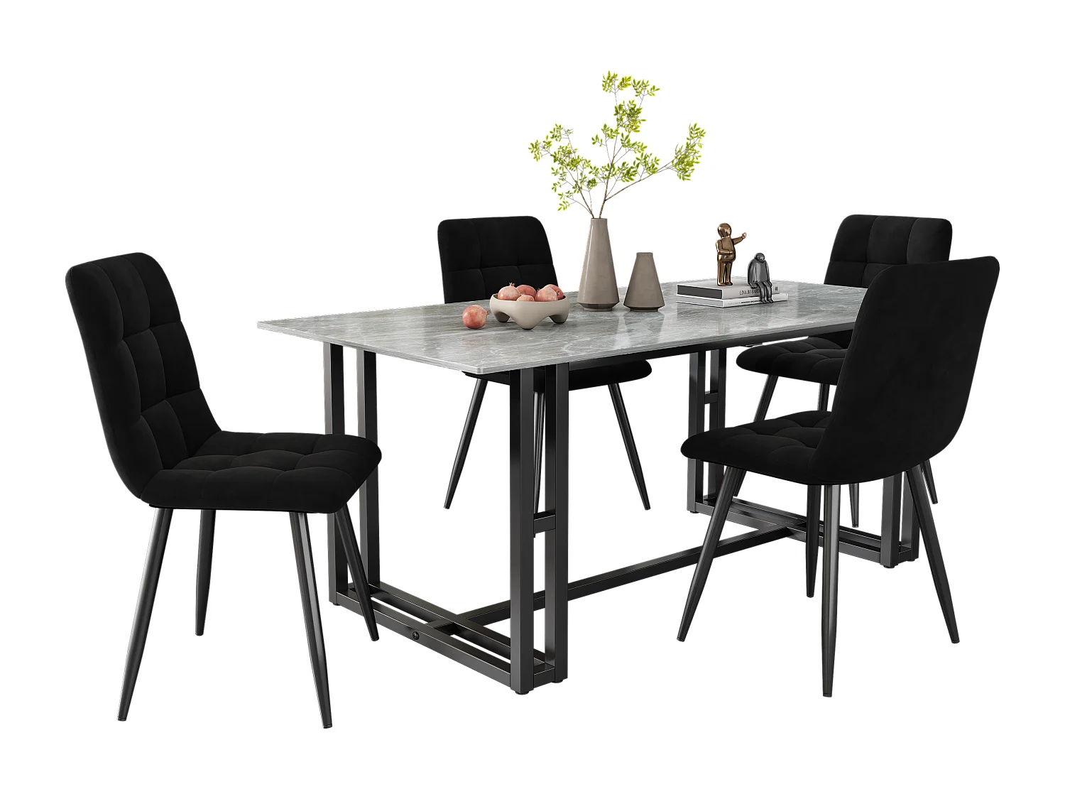 Lot de 4 Chaises de Salle à Manger, Assise en Velours, Dossier avec Accoudoirs, Pieds Métal Noir, Design Élégant