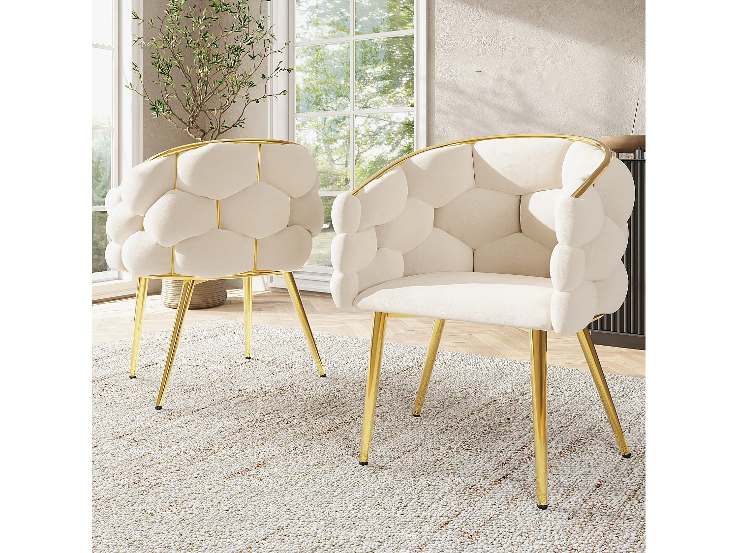 Lot de 2 Chaises en Velours de Luxe, Chaises de Salon et Salle à Manger, Pieds en Fer Doré, Beige