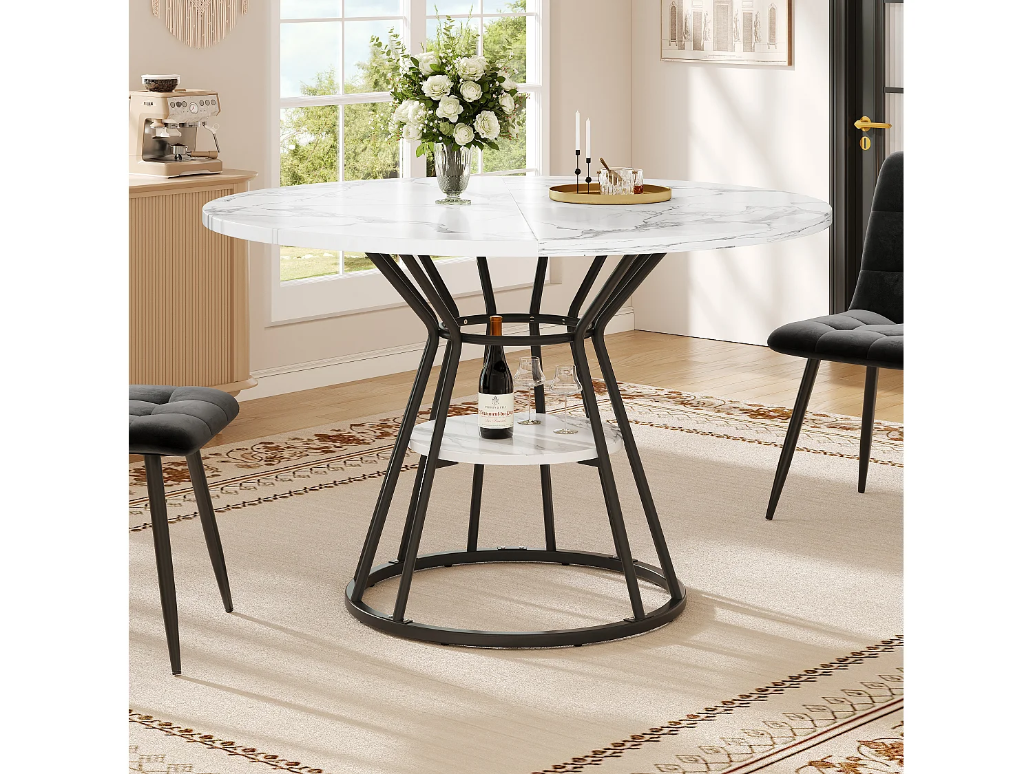 Table ronde 1 pièce, Cuisine/Salon, Plateau effet marbre, Piétement métal, Pieds dorés/noirs