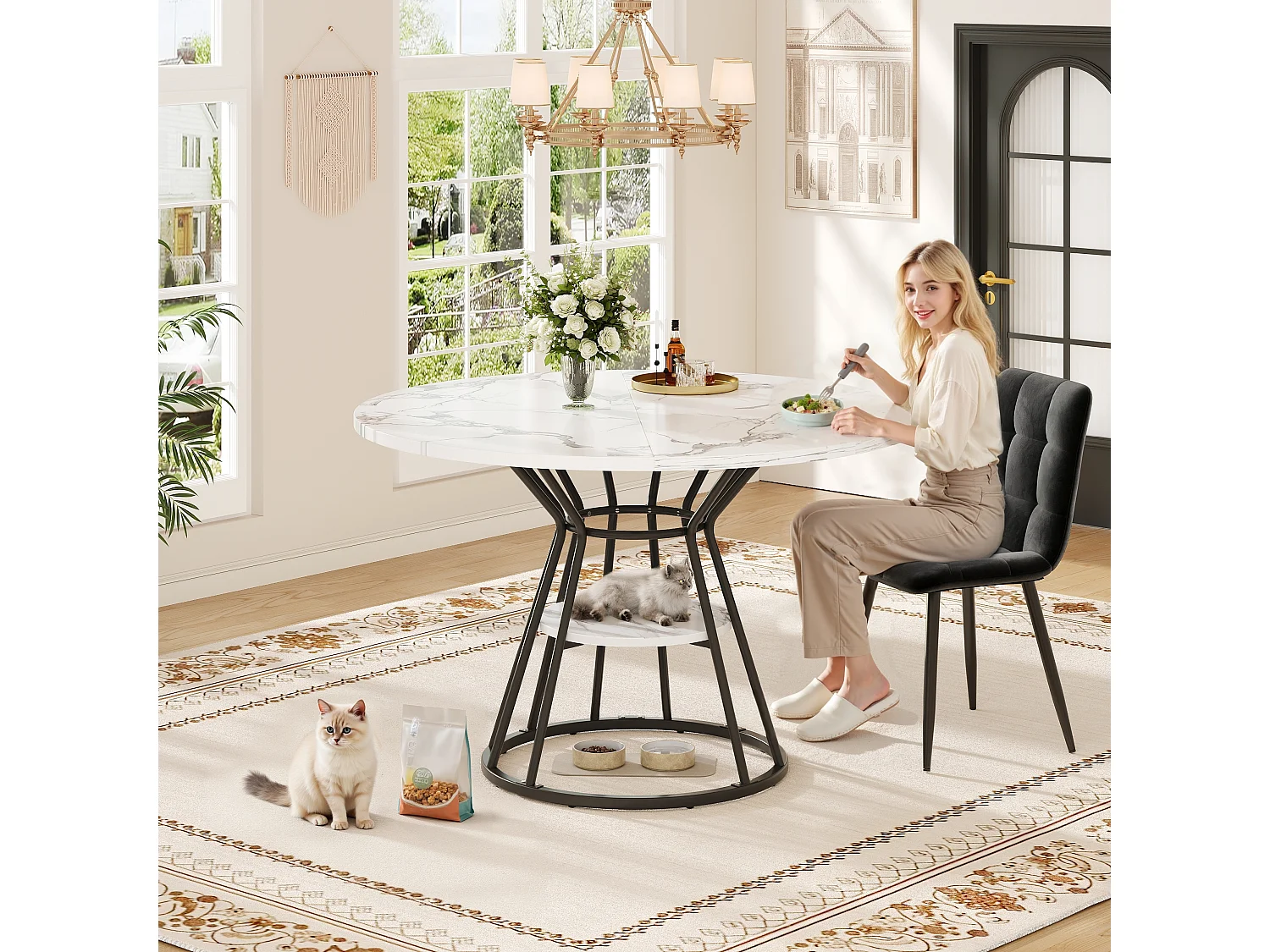 Table ronde 1 pièce, Cuisine/Salon, Plateau effet marbre, Piétement métal, Pieds dorés/noirs