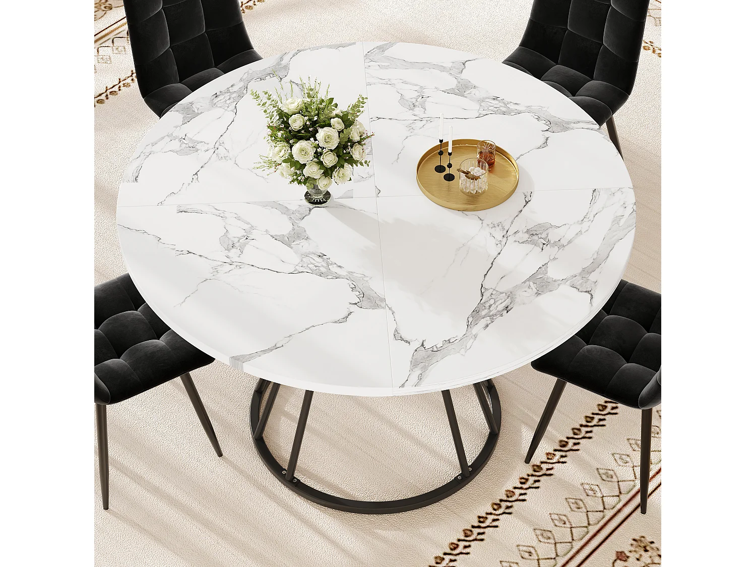 Table ronde 1 pièce, Cuisine/Salon, Plateau effet marbre, Piétement métal, Pieds dorés/noirs