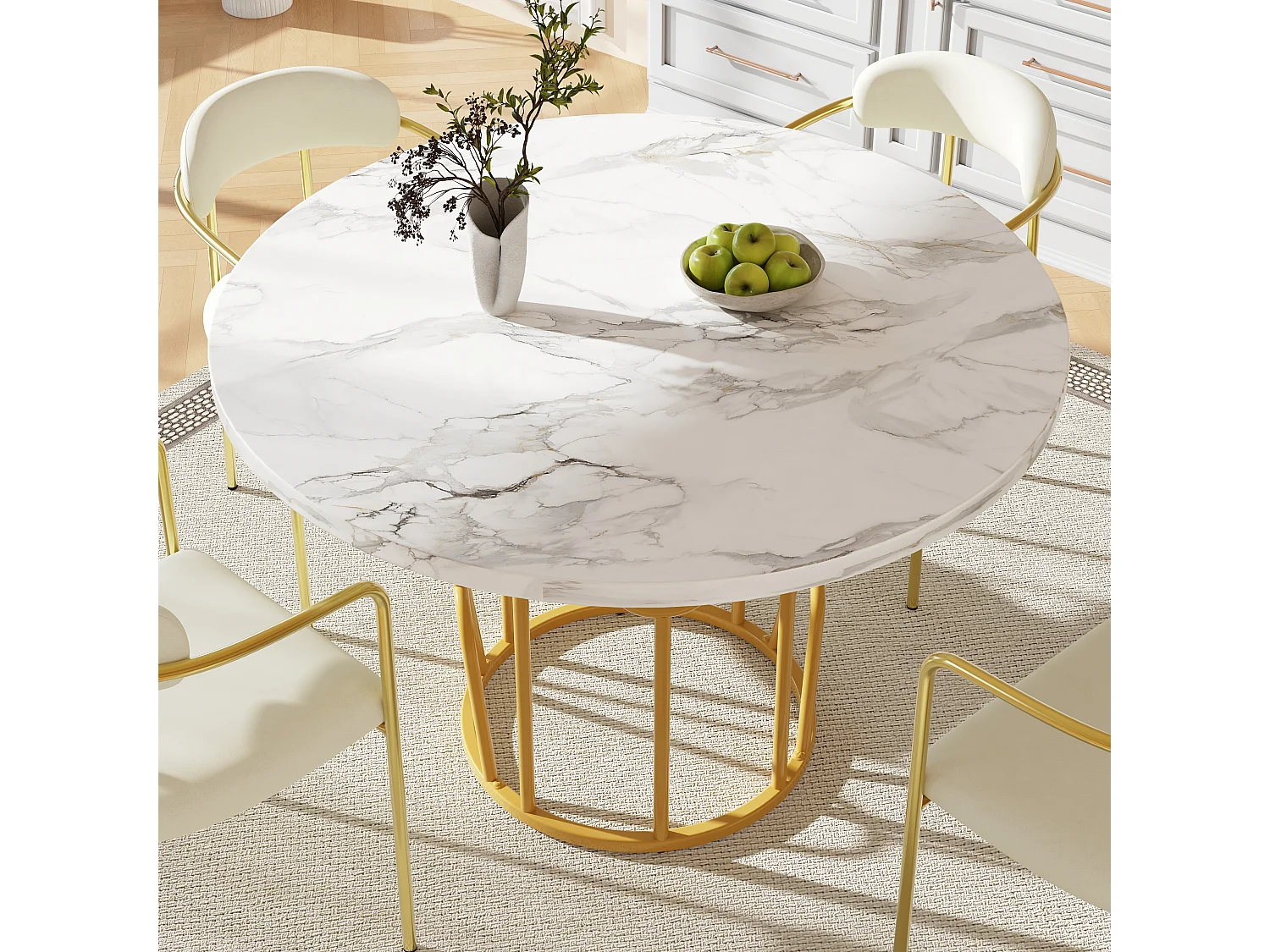 Table ronde 80×80×76cm, Plateau MDF marbré, Piétement métal doré, Cuisine/Salon, 4-6 personnes
