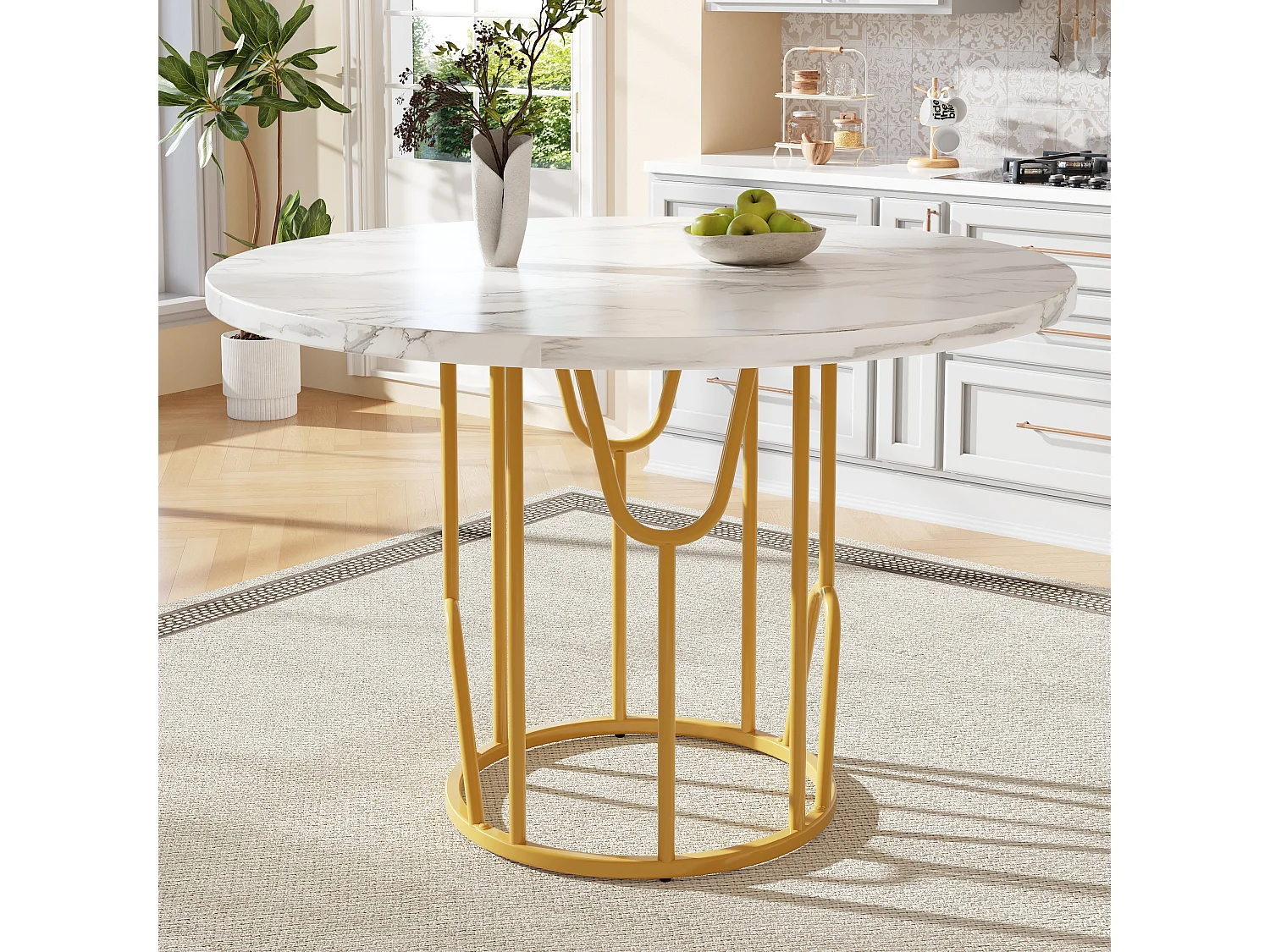 Table ronde 80×80×76cm, Plateau MDF marbré, Piétement métal doré, Cuisine/Salon, 4-6 personnes