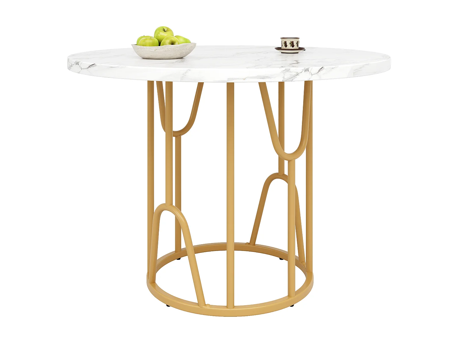 Table ronde 80×80×76cm, Plateau MDF marbré, Piétement métal doré, Cuisine/Salon, 4-6 personnes