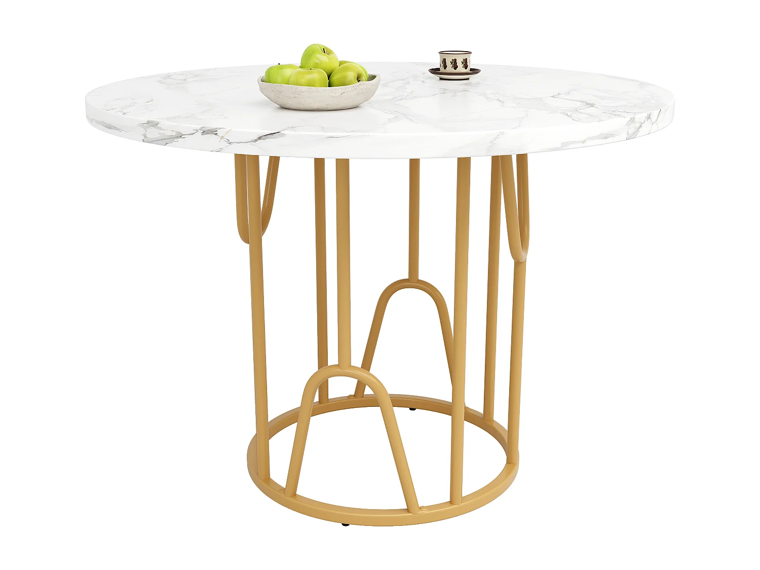 Table ronde 80×80×76cm, Plateau MDF marbré, Piétement métal doré, Cuisine/Salon, 4-6 personnes
