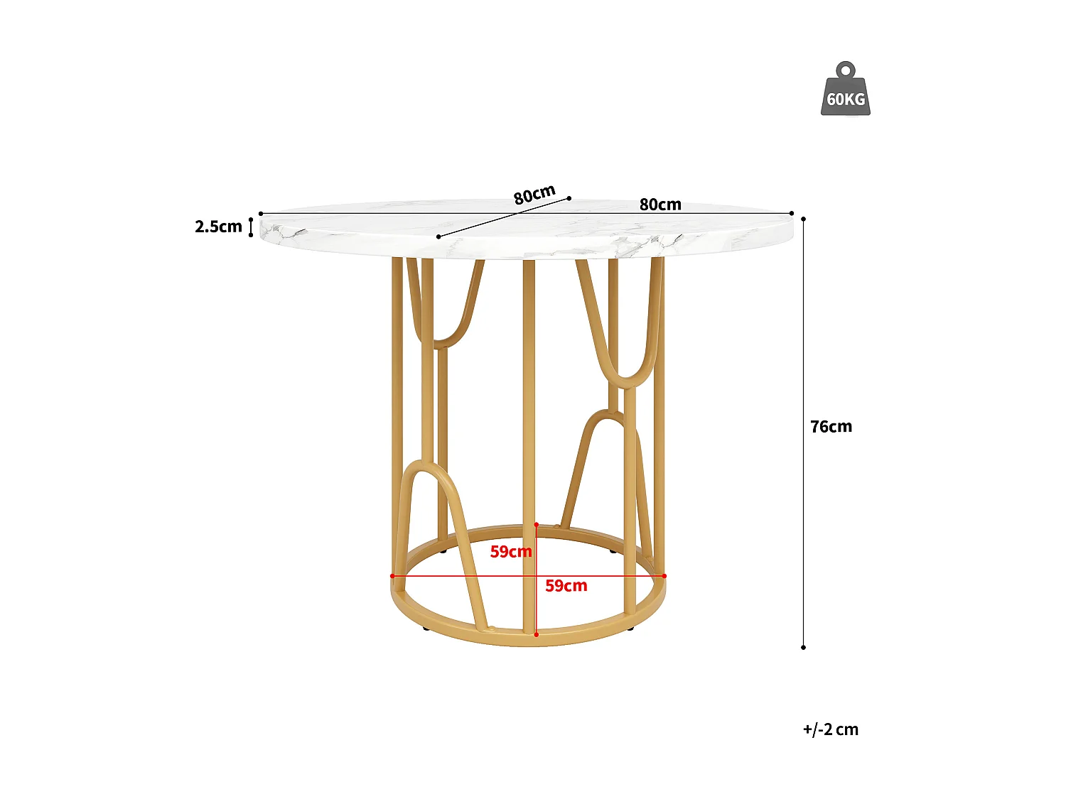 Table ronde 80×80×76cm, Plateau MDF marbré, Piétement métal doré, Cuisine/Salon, 4-6 personnes