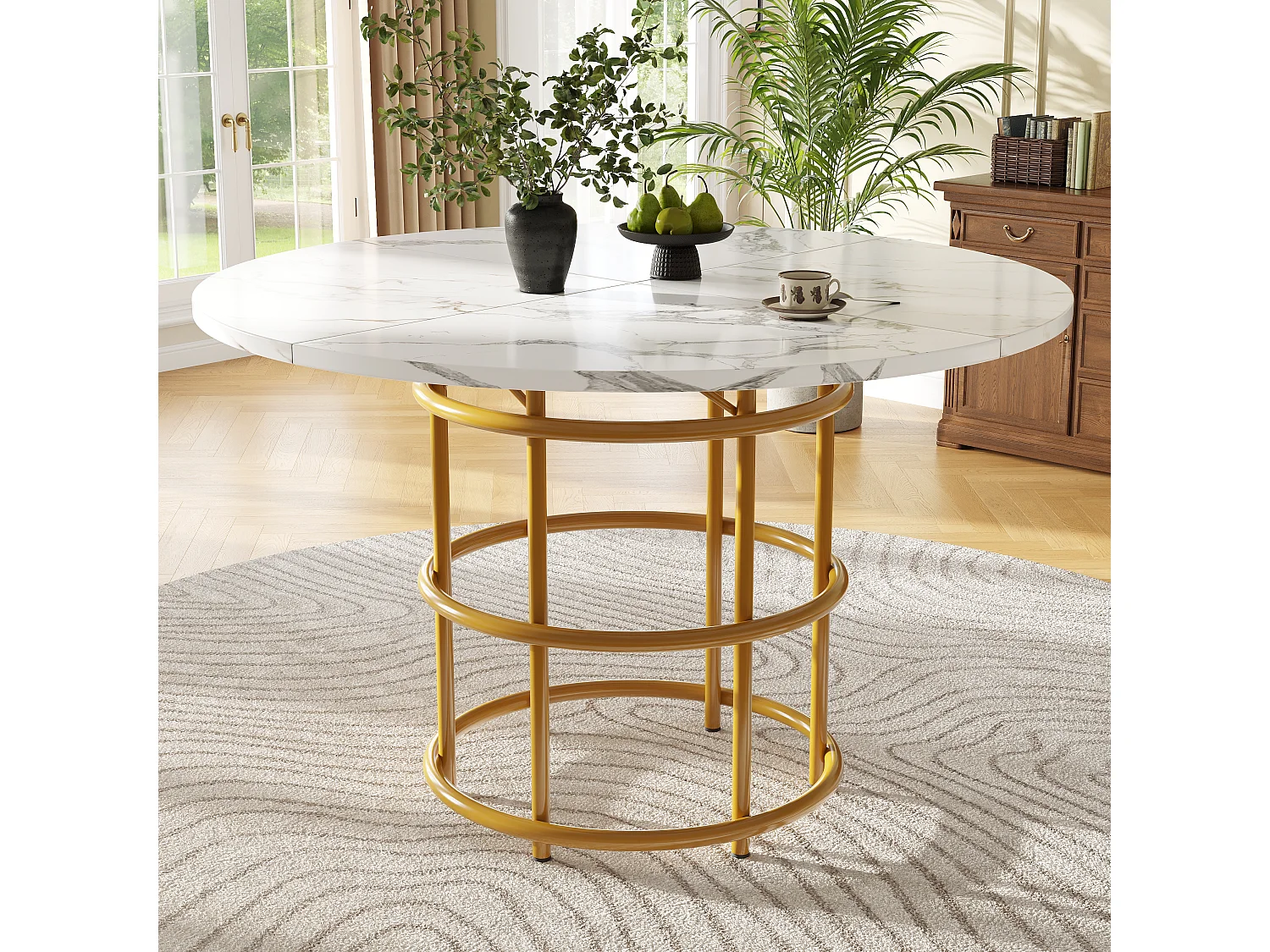 Table ronde 100×100×76cm, Piétement métal, Plateau MDF marbré, Cuisine/Salon, Pieds dorés pour 4-6