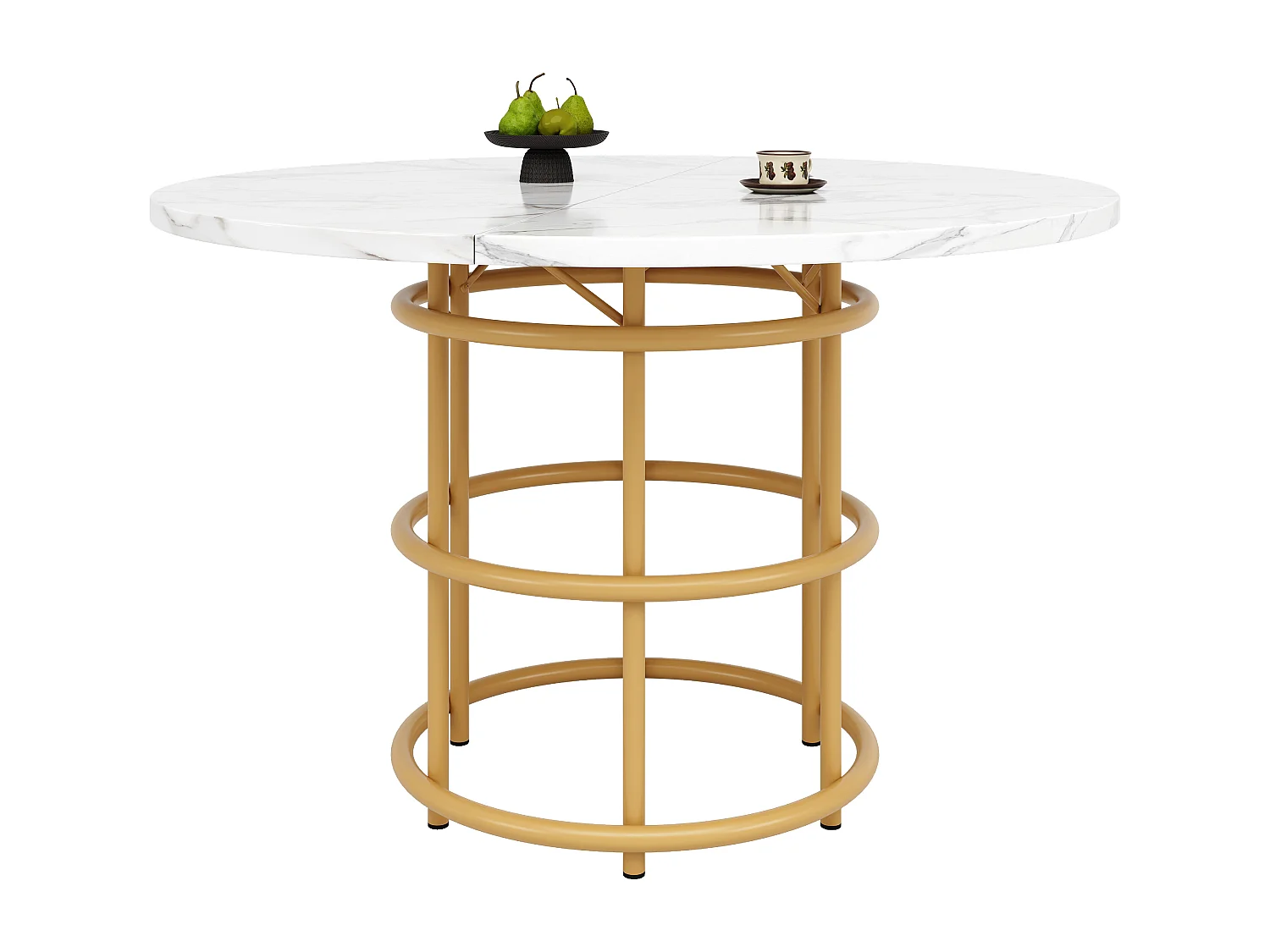 Table ronde 100×100×76cm, Piétement métal, Plateau MDF marbré, Cuisine/Salon, Pieds dorés pour 4-6