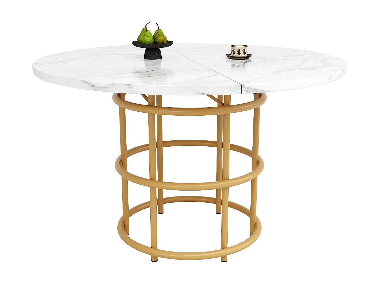 Table ronde 100×100×76cm, Piétement métal, Plateau MDF marbré, Cuisine/Salon, Pieds dorés pour 4-6