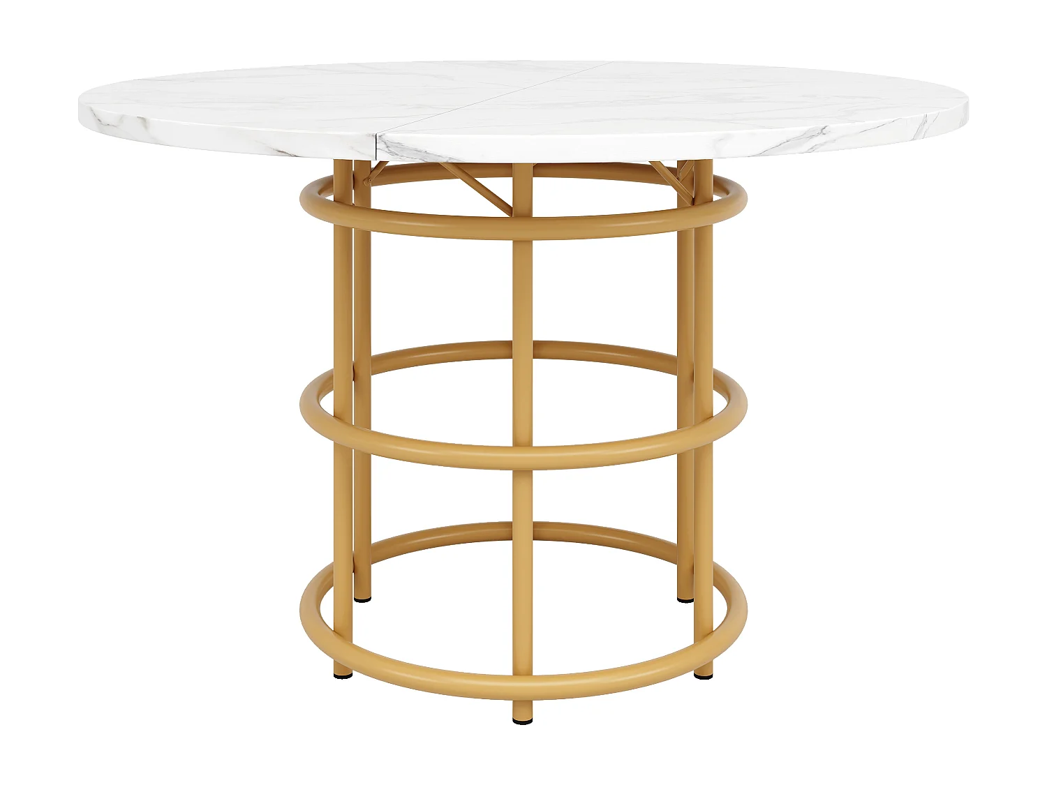 Table ronde 100×100×76cm, Piétement métal, Plateau MDF marbré, Cuisine/Salon, Pieds dorés pour 4-6