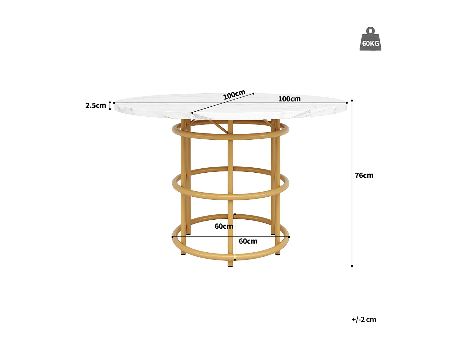 Table ronde 100×100×76cm, Piétement métal, Plateau MDF marbré, Cuisine/Salon, Pieds dorés pour 4-6