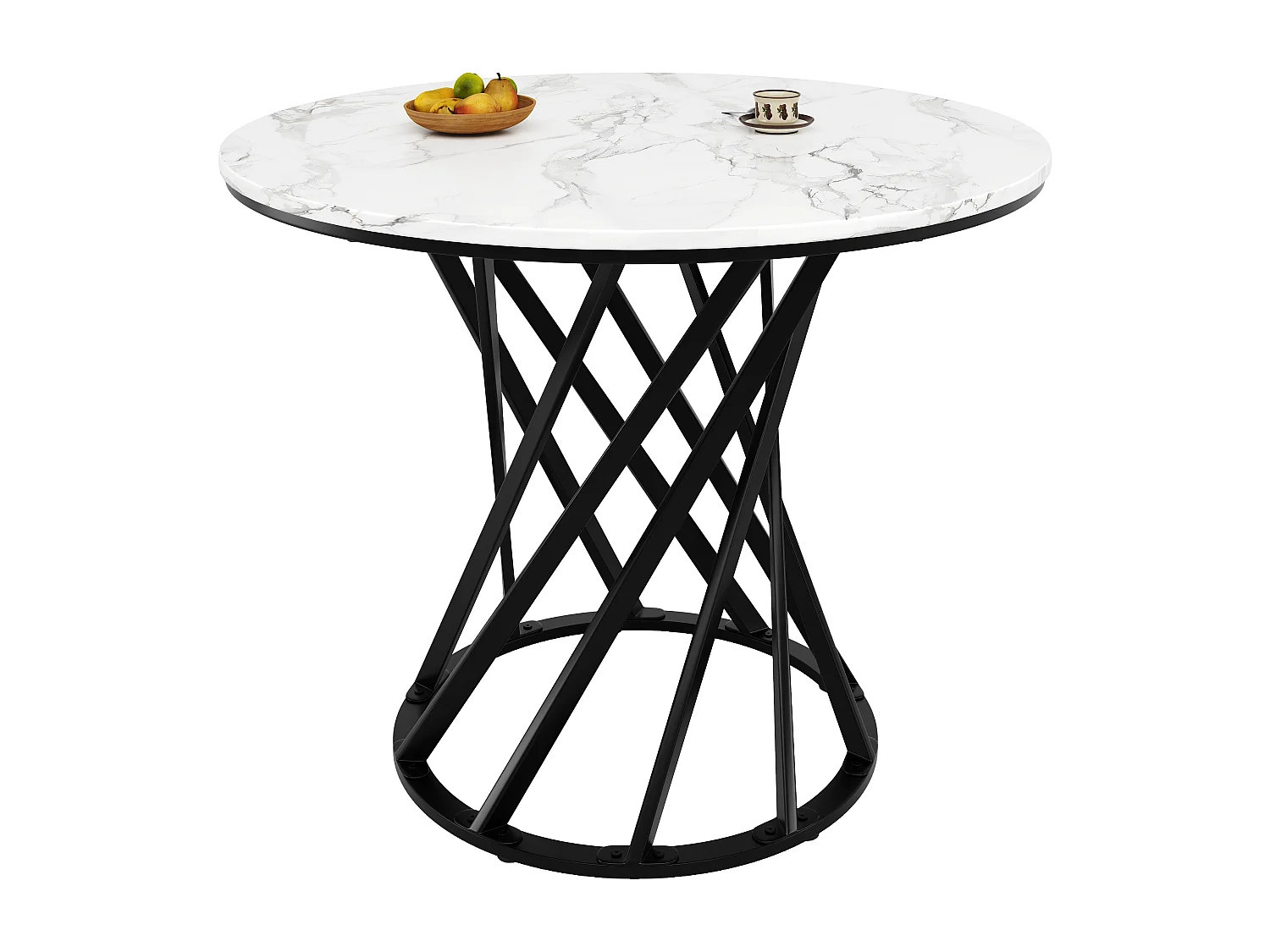 Table ronde 80×80×76cm, Plateau MDF marbré, Piétement métal noir, Cuisine/Salon, 4 personnes