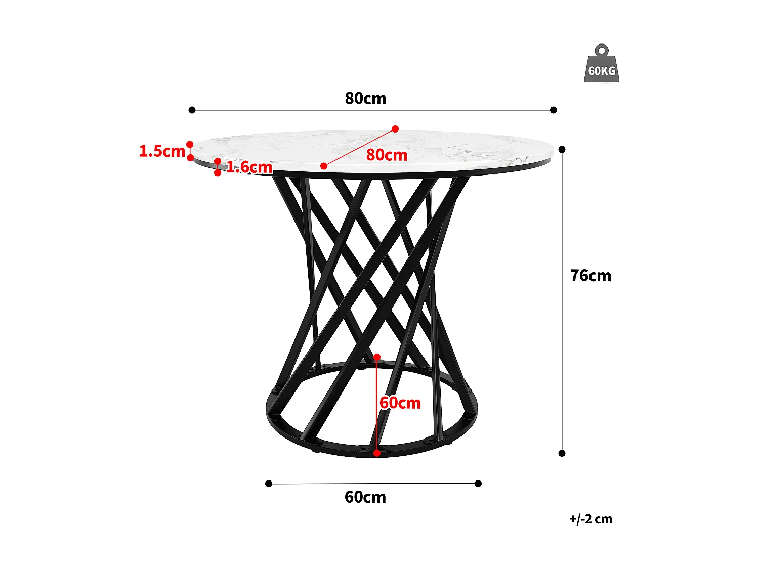 Table ronde 80×80×76cm, Plateau MDF marbré, Piétement métal noir, Cuisine/Salon, 4 personnes