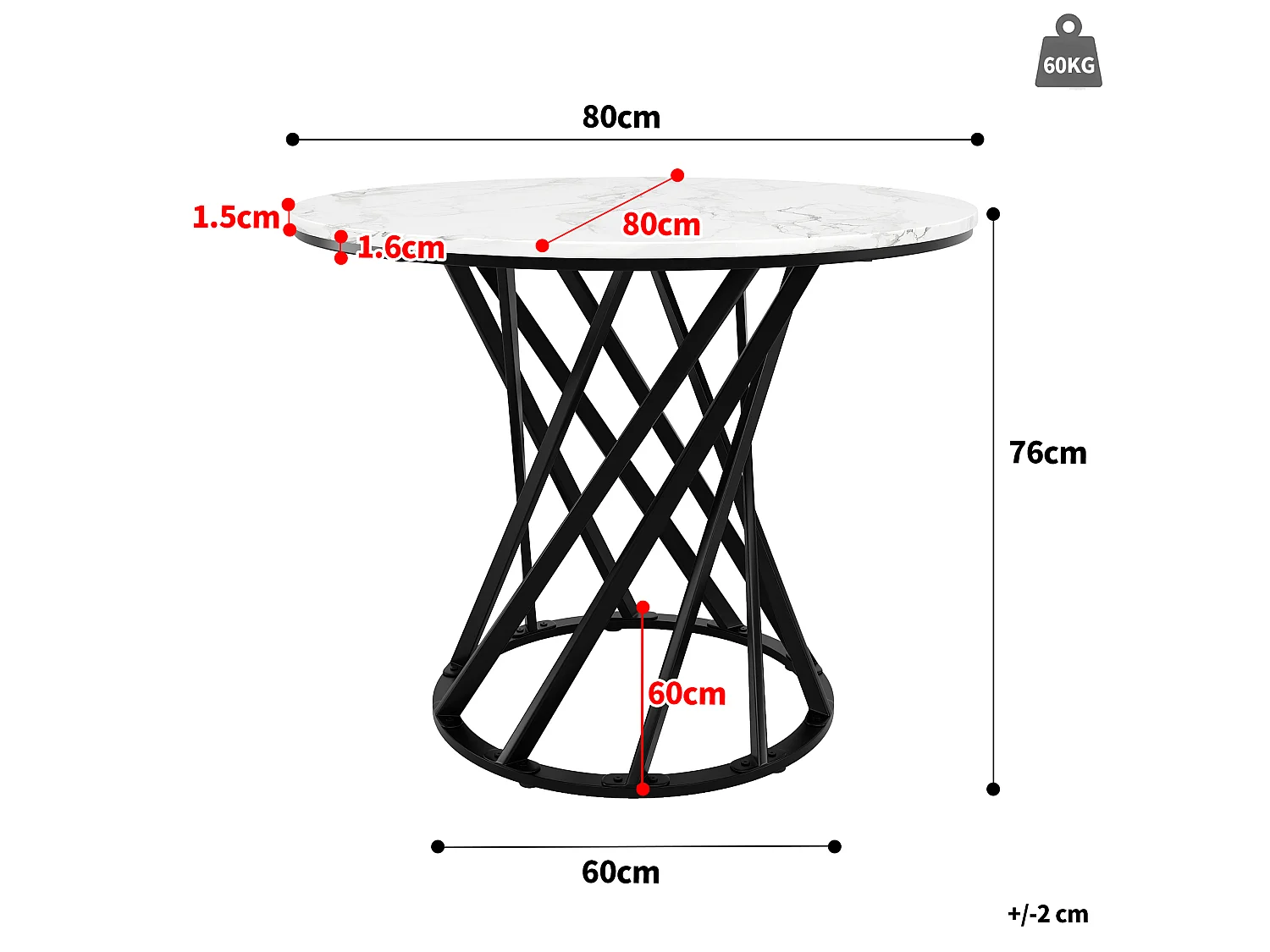 Table à manger ronde 80/76/80 cm avec pieds réglables MDF et métal noir et blanc