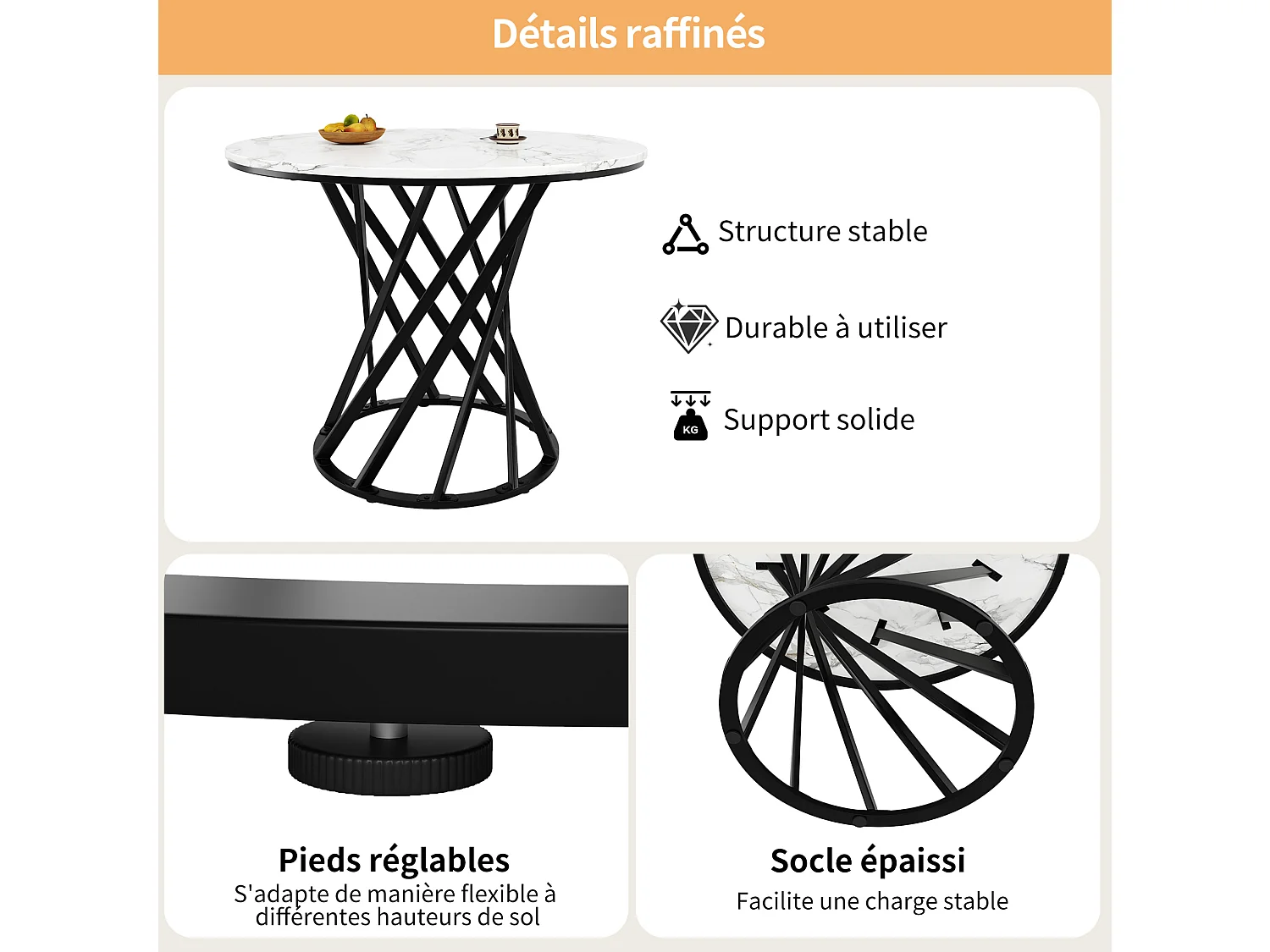 Table à manger ronde 80/76/80 cm avec pieds réglables MDF et métal noir et blanc