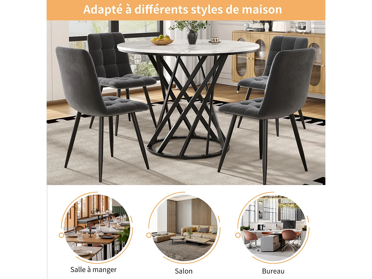 Table à manger ronde 80/76/80 cm avec pieds réglables MDF et métal noir et blanc