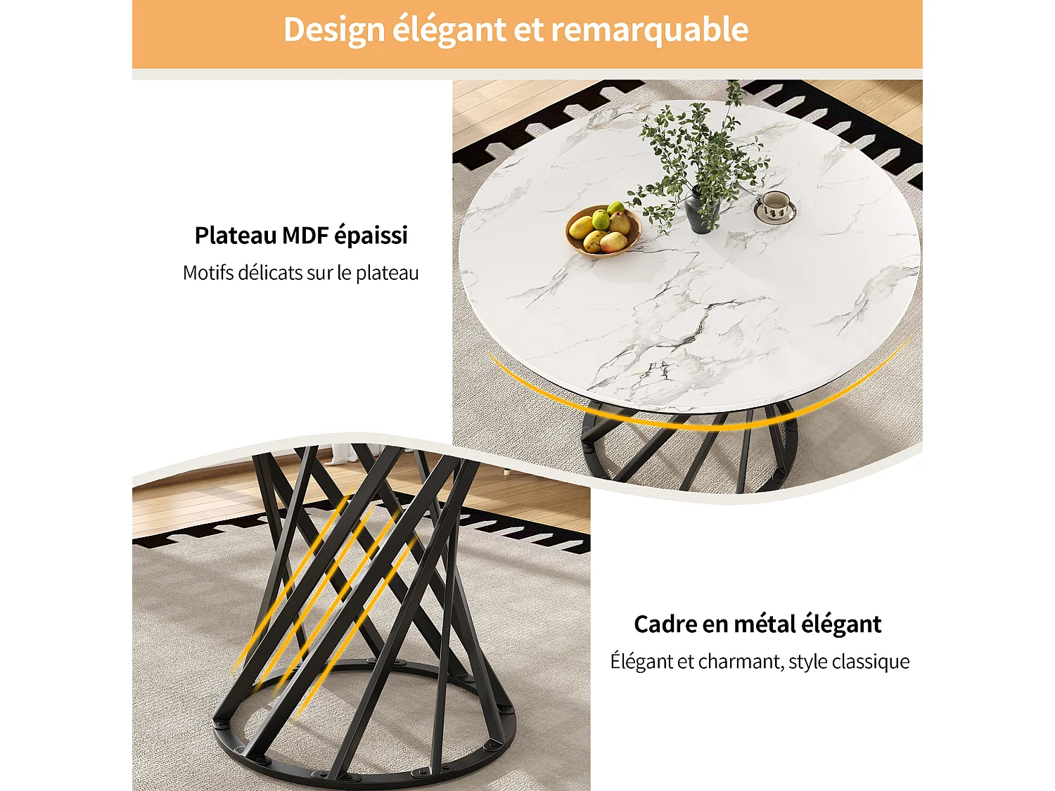 Table à manger ronde 80/76/80 cm avec pieds réglables MDF et métal noir et blanc