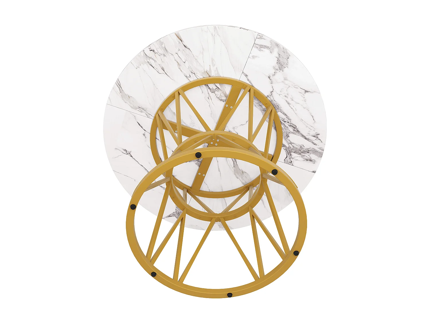 Table ronde 100×100×76cm, Plateau MDF marbré, Piétement métal stylé, Cuisine/Salon, Pieds dorés, 4 personnes