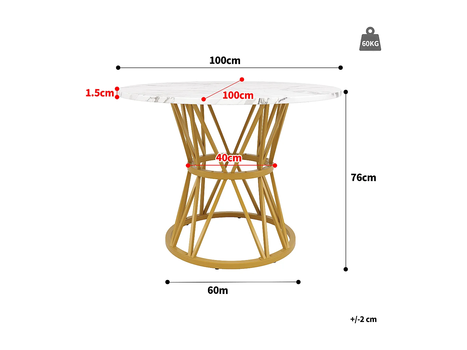 Table ronde 100×100×76cm, Plateau MDF marbré, Piétement métal stylé, Cuisine/Salon, Pieds dorés, 4 personnes