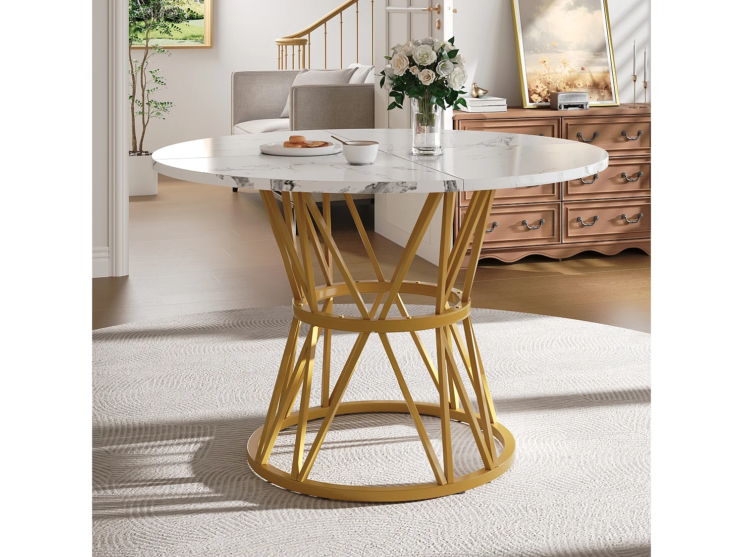 Table à manger ronde 100/76/100 cm avec pieds réglables MDF or