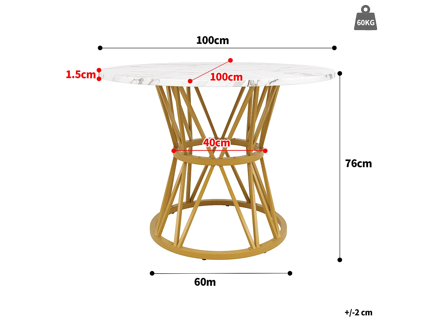 Table à manger ronde 100/76/100 cm avec pieds réglables MDF or