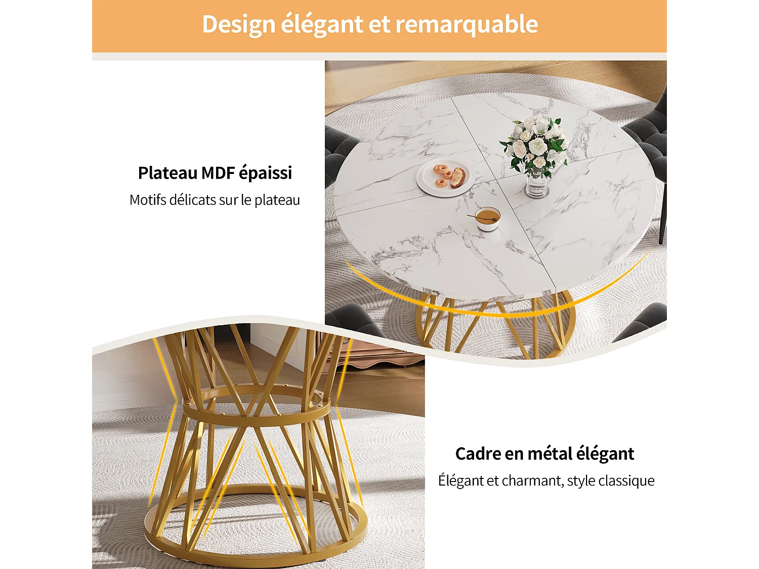 Table à manger ronde 100/76/100 cm avec pieds réglables MDF or