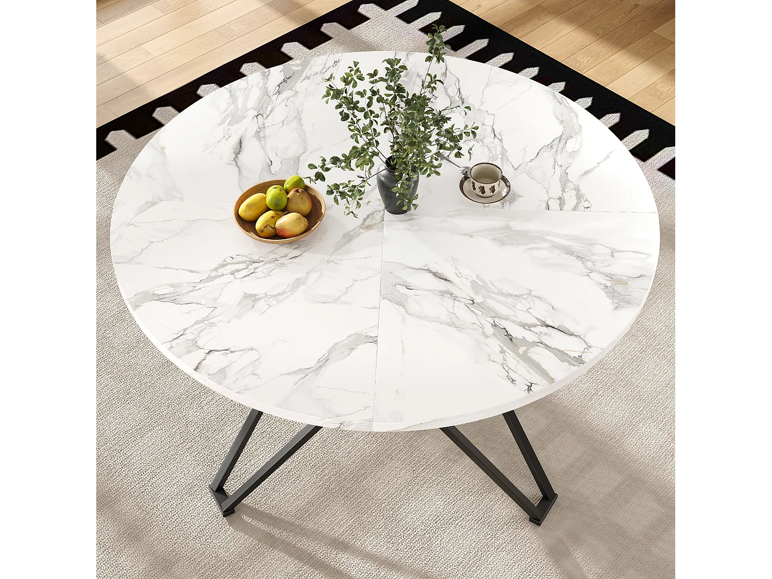 Table ronde 100×100×76cm, Plateau MDF marbré, Piétement métal stylé, Cuisine/Salon, Pieds noirs, 4 personnes