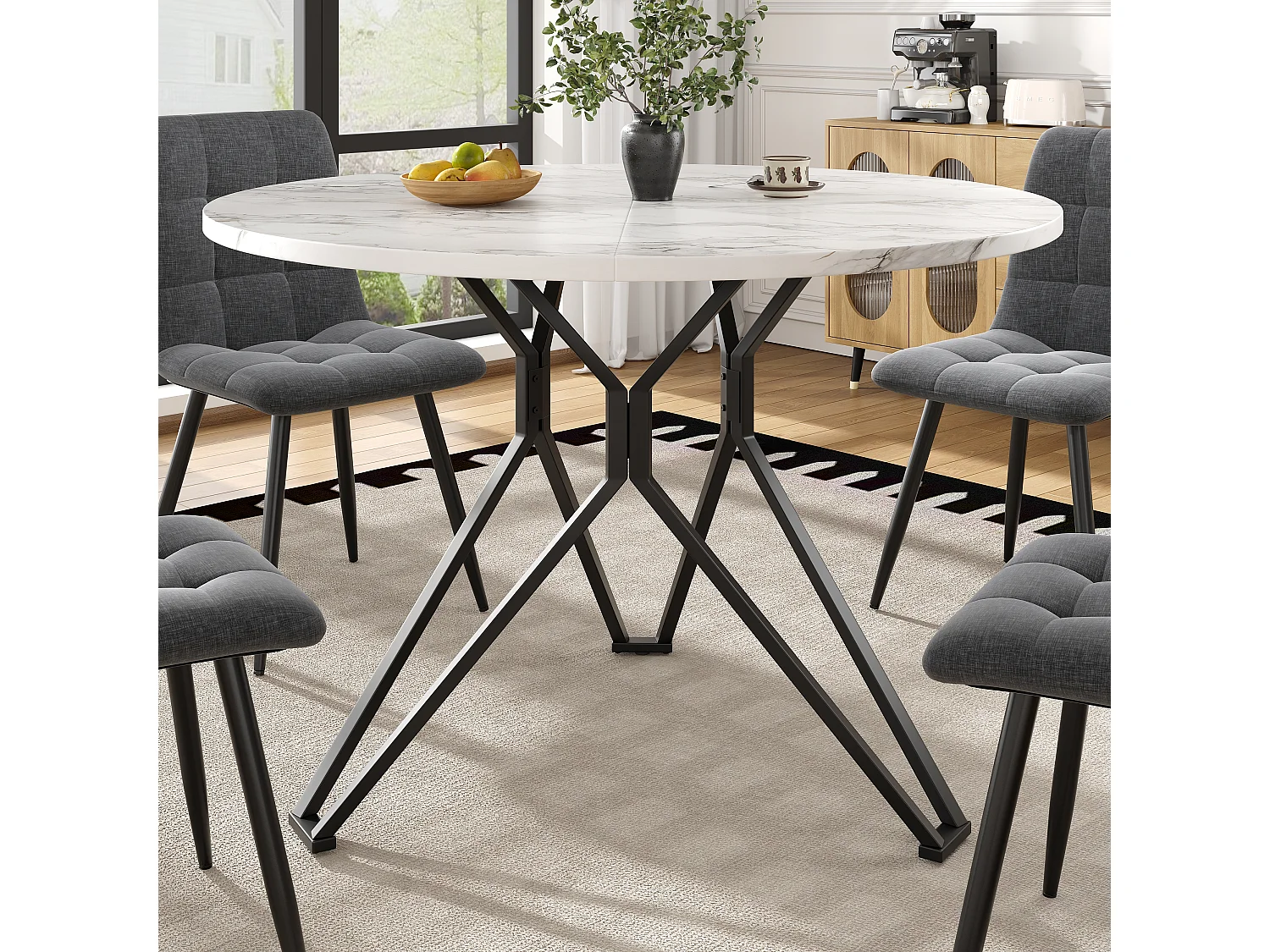 Table ronde 100×100×76cm, Plateau MDF marbré, Piétement métal stylé, Cuisine/Salon, Pieds noirs, 4 personnes