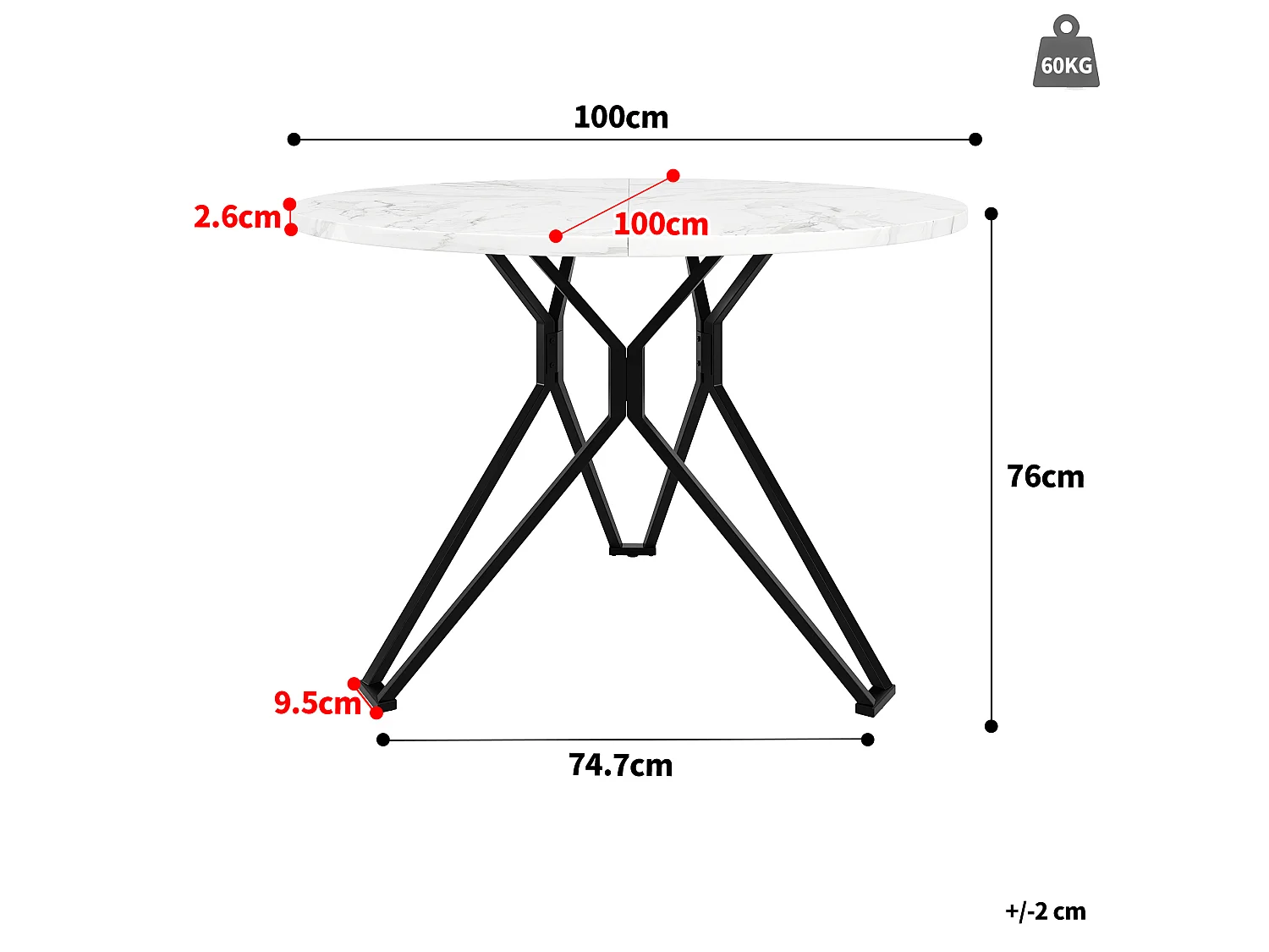 Table à manger ronde 100/76/100 cm avec pieds réglables et structure métallique MDF noir