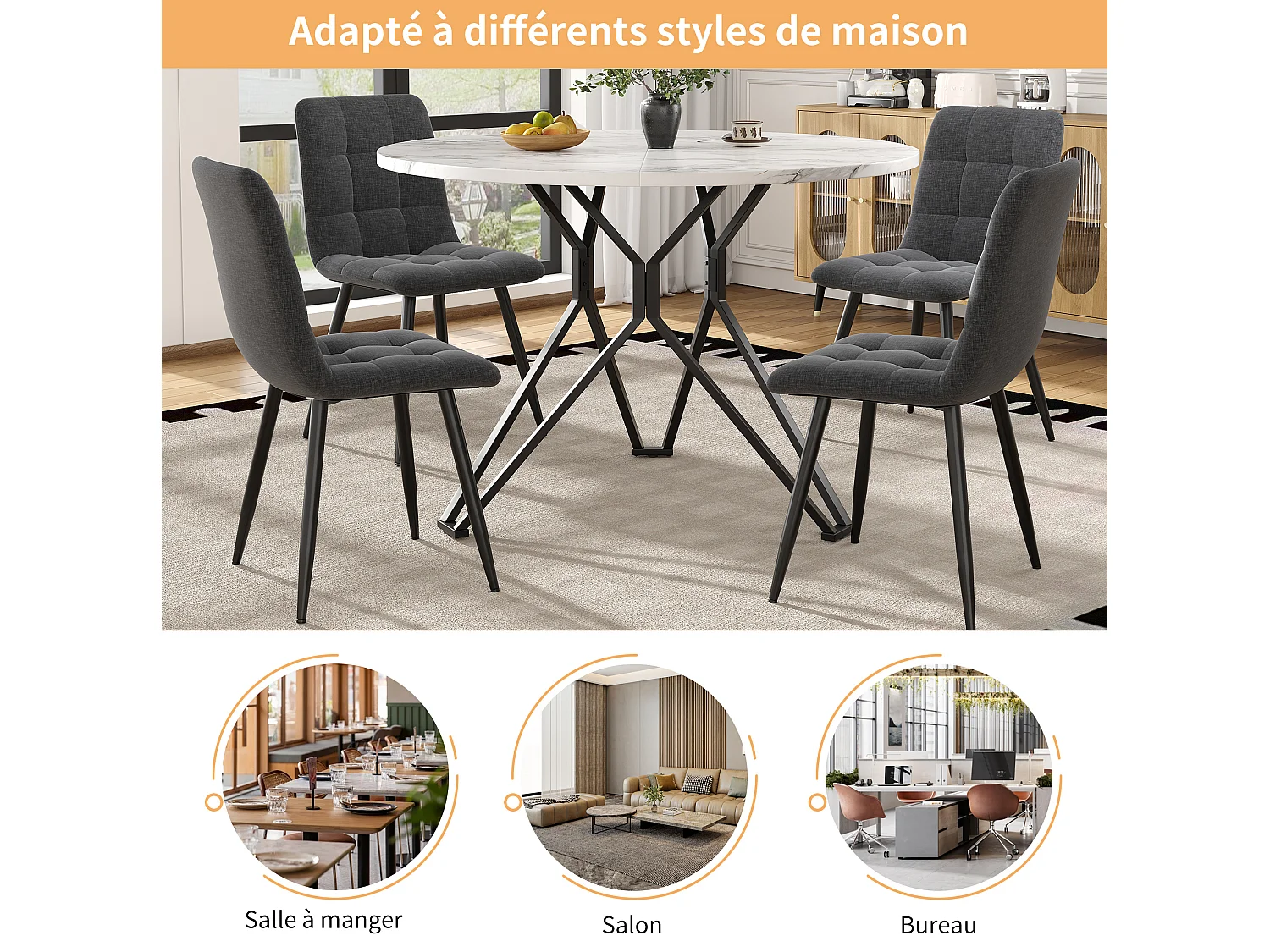 Table à manger ronde 100/76/100 cm avec pieds réglables et structure métallique MDF noir