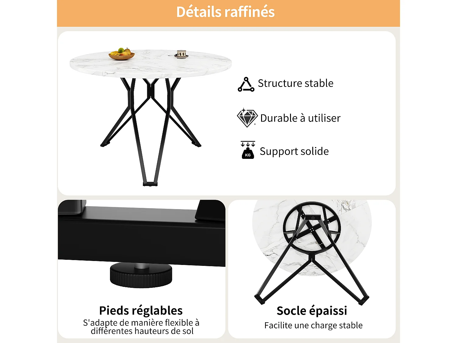 Table à manger ronde 100/76/100 cm avec pieds réglables et structure métallique MDF noir