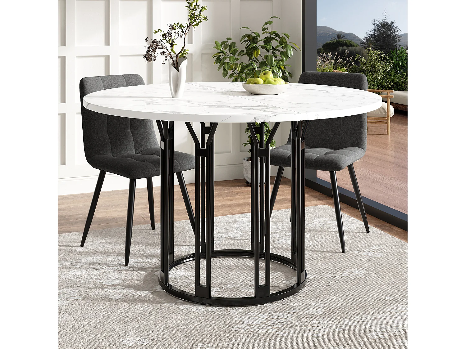 Table ronde 1 pièce, Cuisine/Salon, Plateau effet marbre, Piétement métal, Pieds dorés/noirs