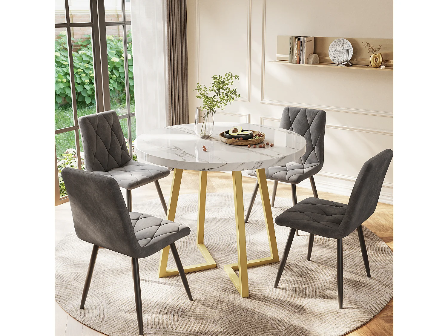 Table à manger ronde 80/75 cm avec pieds réglables effet marbre MDF blanc