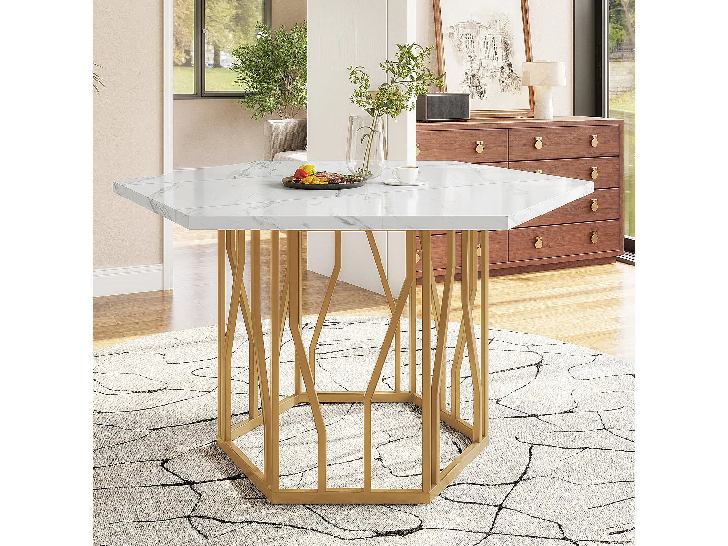Table à manger 115.5/75/100 cm avec plateau hexagonal MDF aspect marbre blanc et acier doré