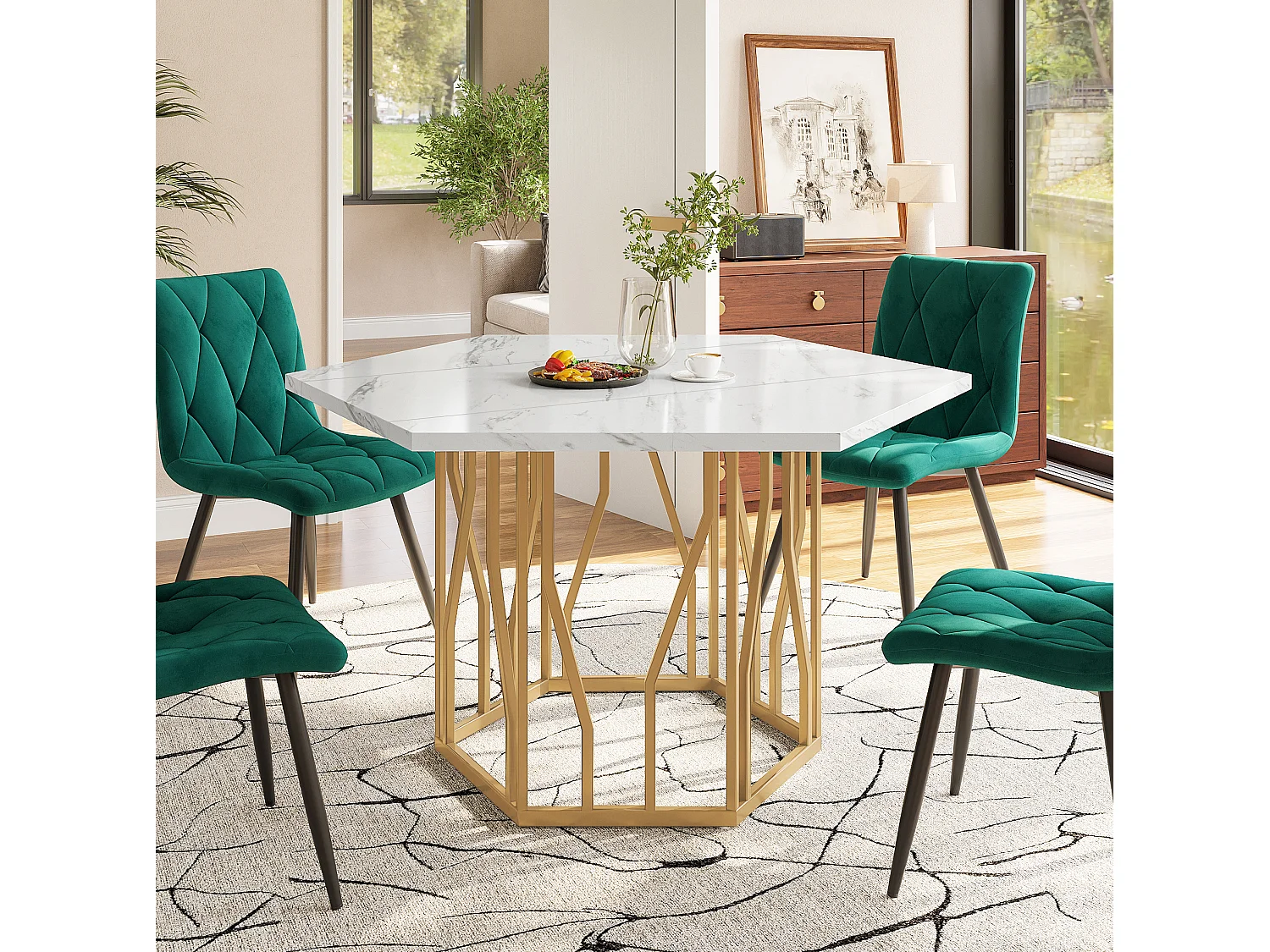 Table à manger 115.5/75/100 cm avec plateau hexagonal MDF aspect marbre blanc et acier doré