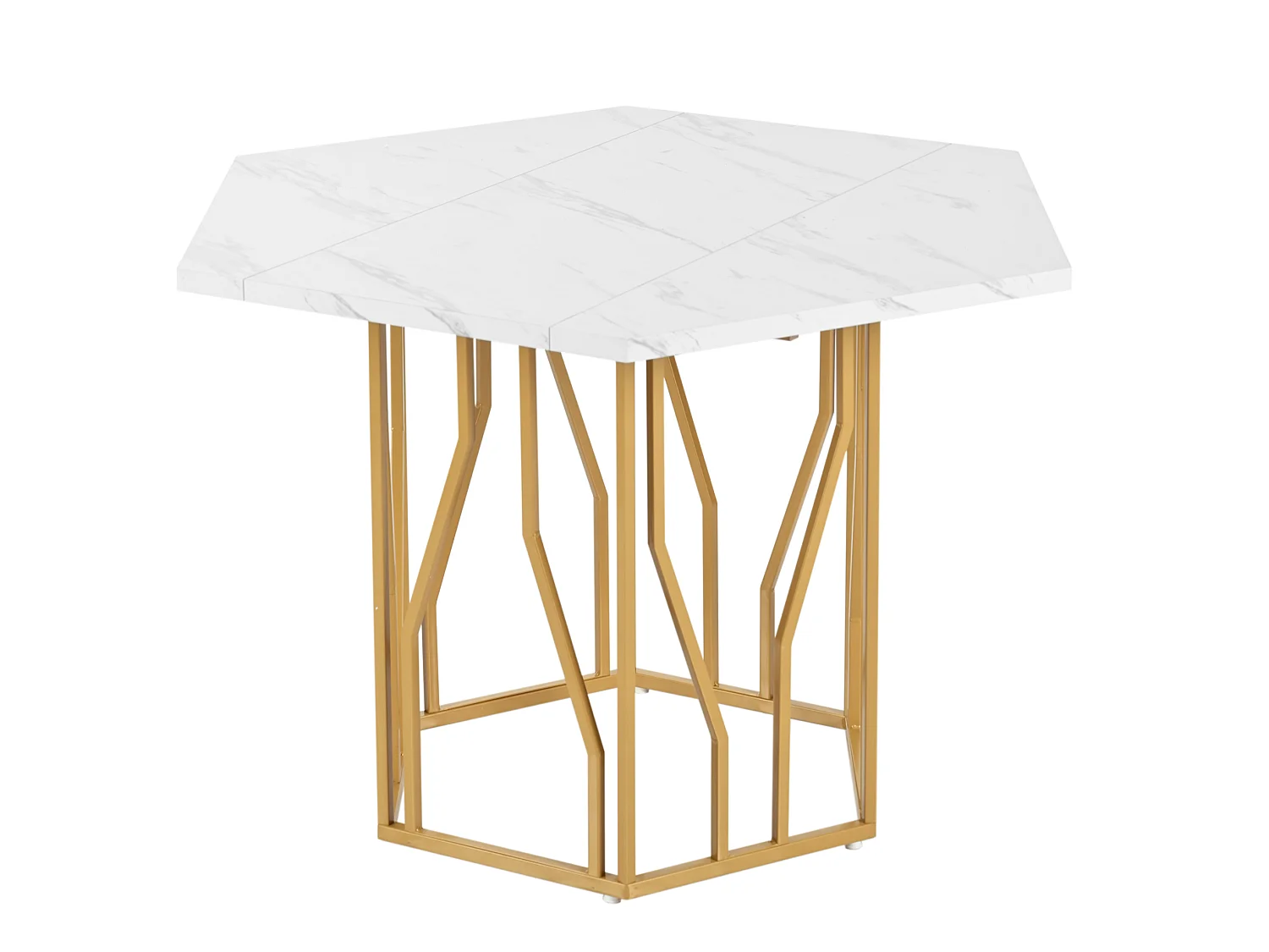 Table à manger 115.5/75/100 cm avec plateau hexagonal MDF aspect marbre blanc et acier doré