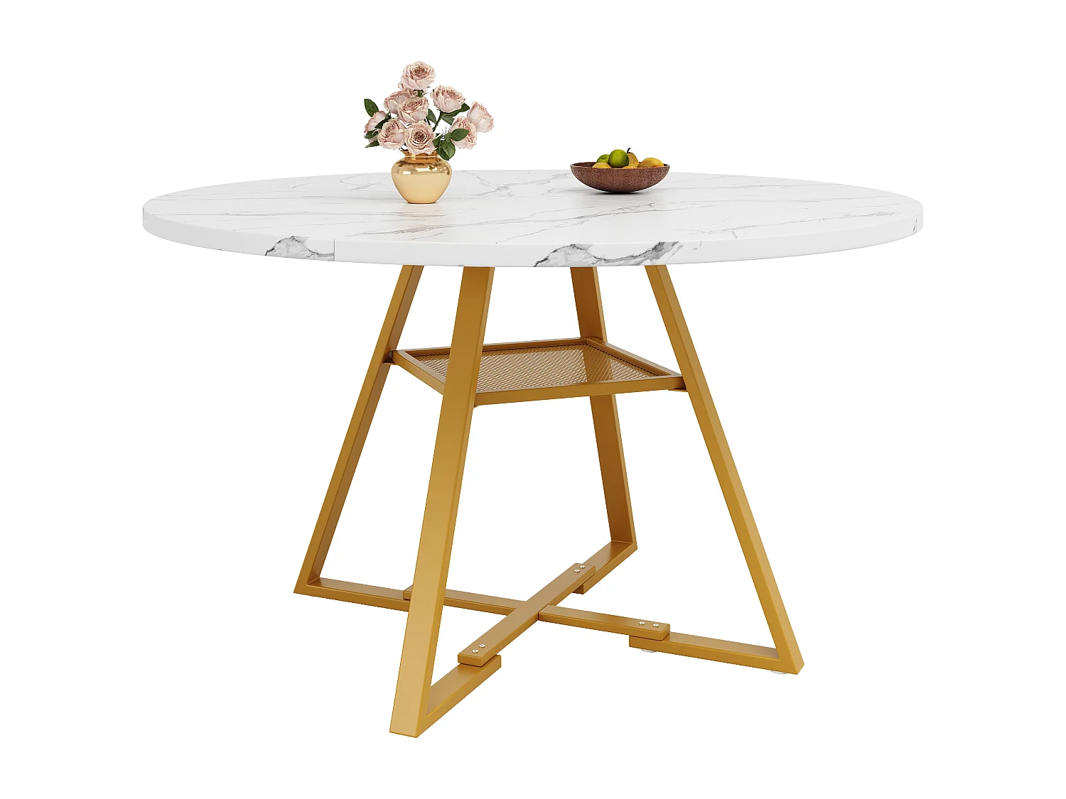 Table ronde 1 pièce, Cuisine/Salon, Plateau effet marbre, Piétement métal, Pieds noirs/blancs