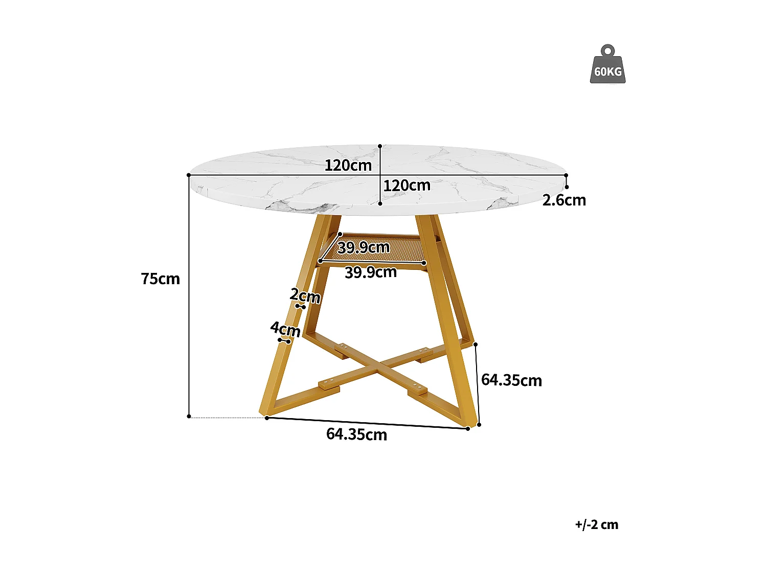Table ronde 1 pièce, Cuisine/Salon, Plateau effet marbre, Piétement métal, Pieds noirs/blancs
