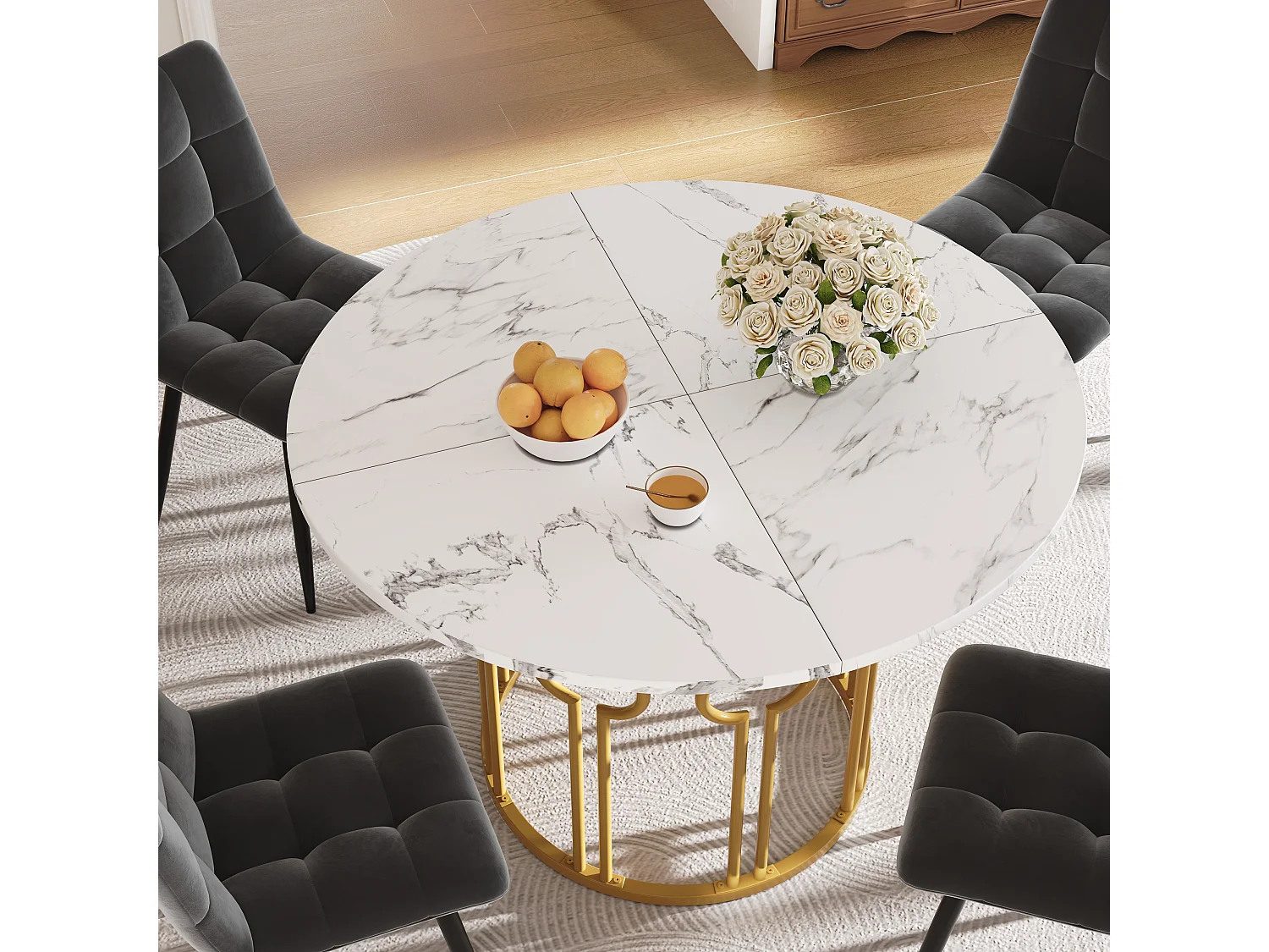 Table ronde 100×100×76cm, Plateau MDF marbré, Piétement métal doré, Cuisine/Salon, 4 personnes