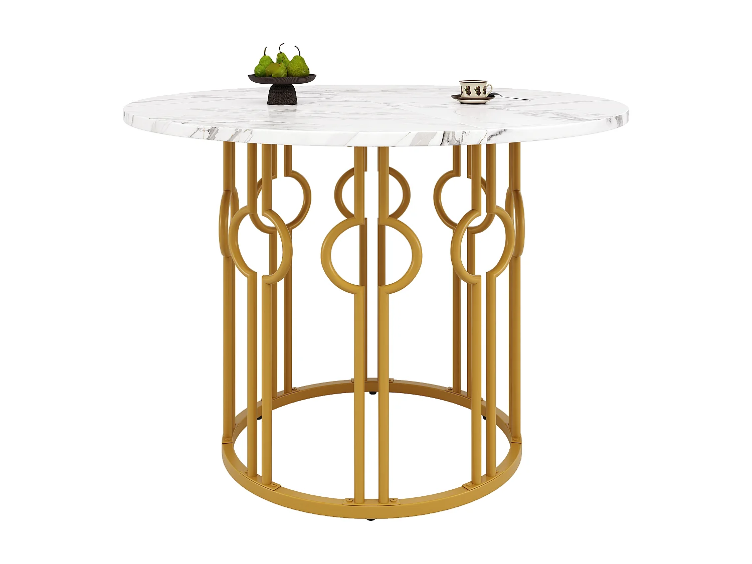 Table ronde 100×100×76cm, Plateau MDF marbré, Piétement métal doré, Cuisine/Salon, 4 personnes