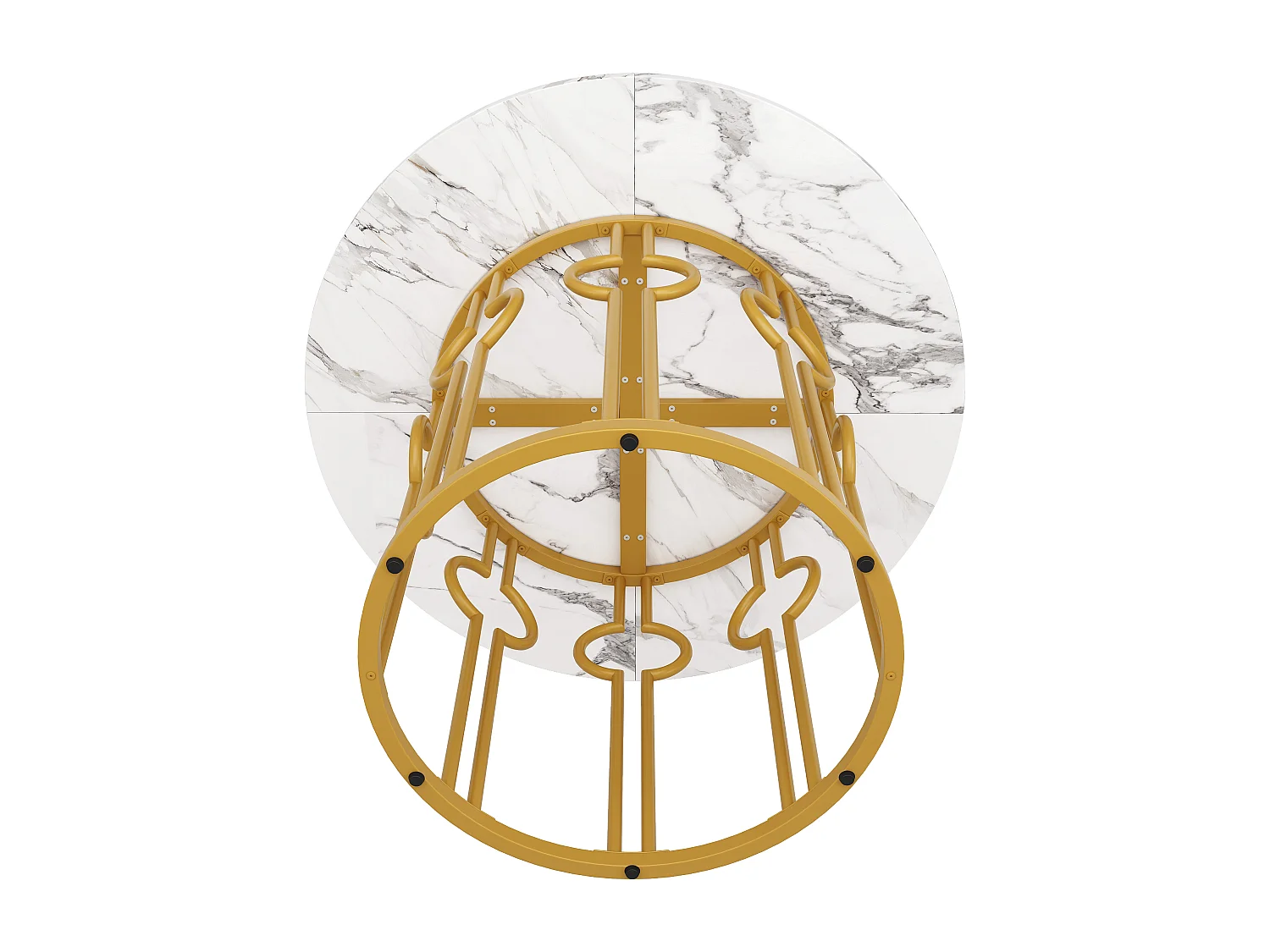 Table ronde 100×100×76cm, Plateau MDF marbré, Piétement métal doré, Cuisine/Salon, 4 personnes