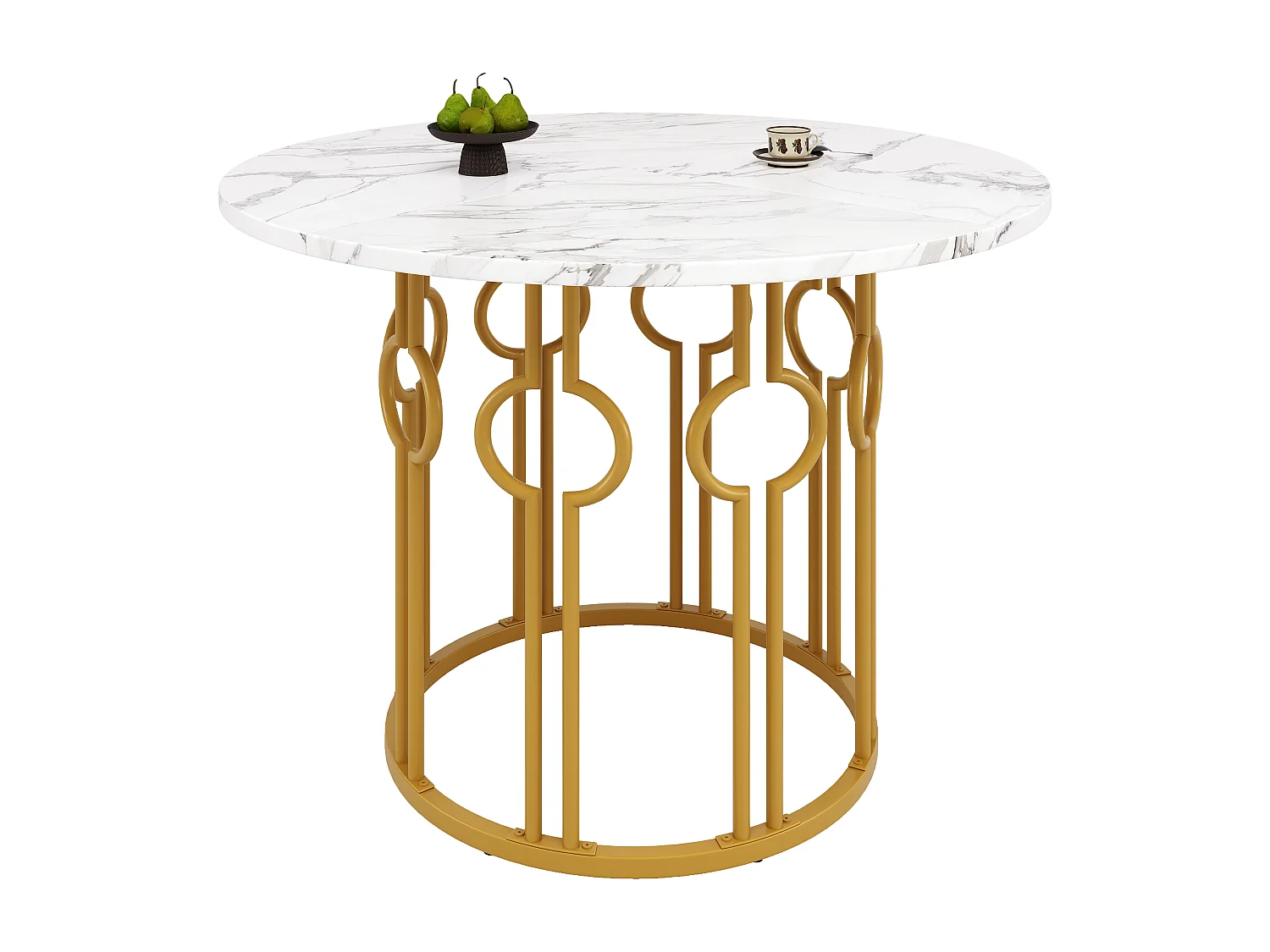 Table ronde 100×100×76cm, Plateau MDF marbré, Piétement métal doré, Cuisine/Salon, 4 personnes