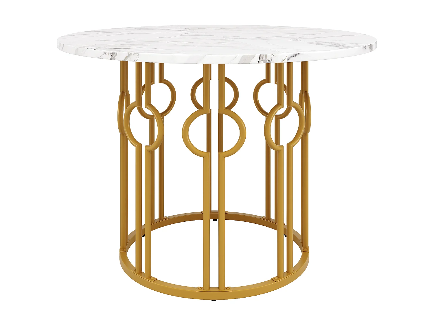 Table ronde 100×100×76cm, Plateau MDF marbré, Piétement métal doré, Cuisine/Salon, 4 personnes