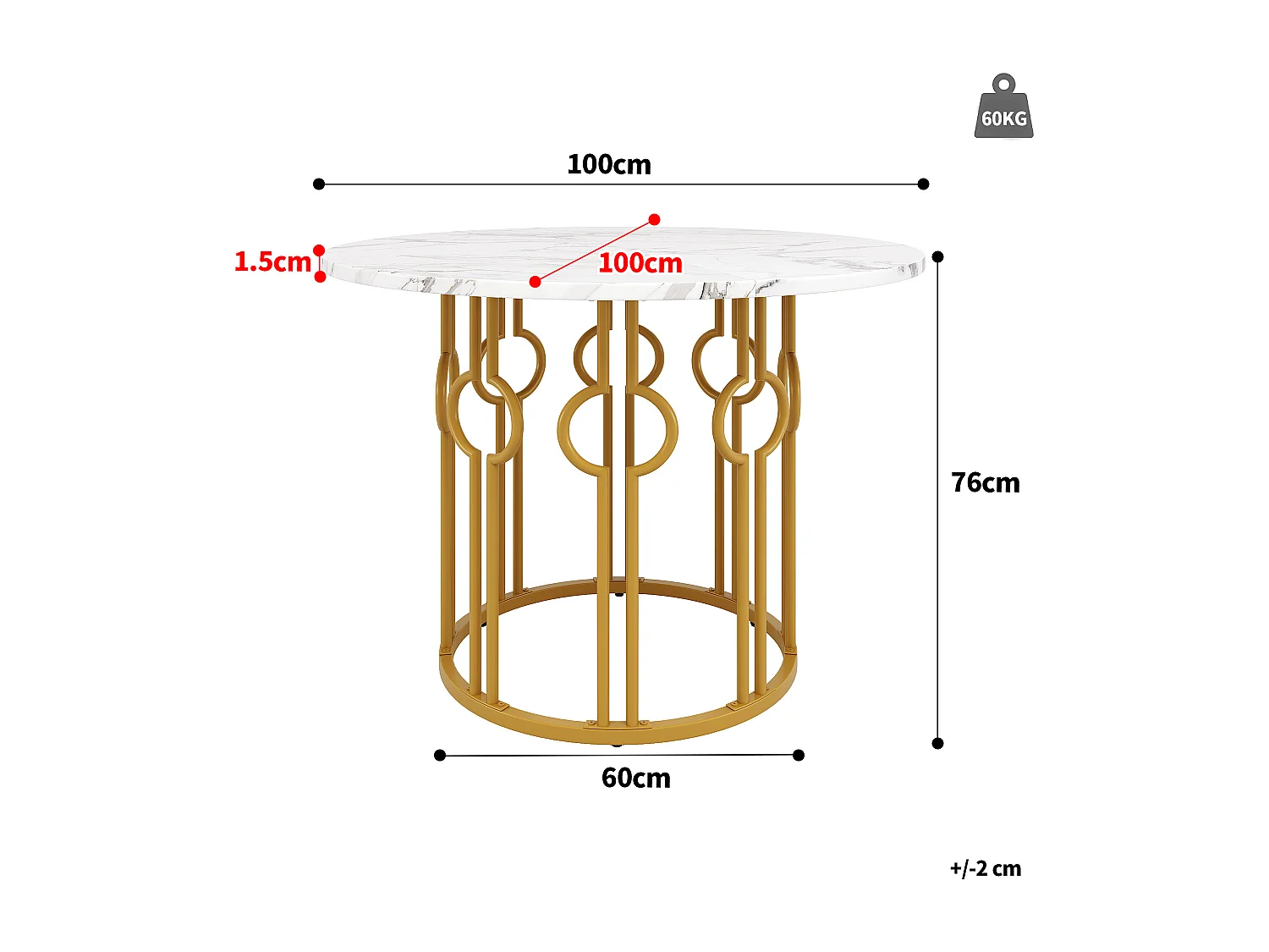 Table ronde 100×100×76cm, Plateau MDF marbré, Piétement métal doré, Cuisine/Salon, 4 personnes