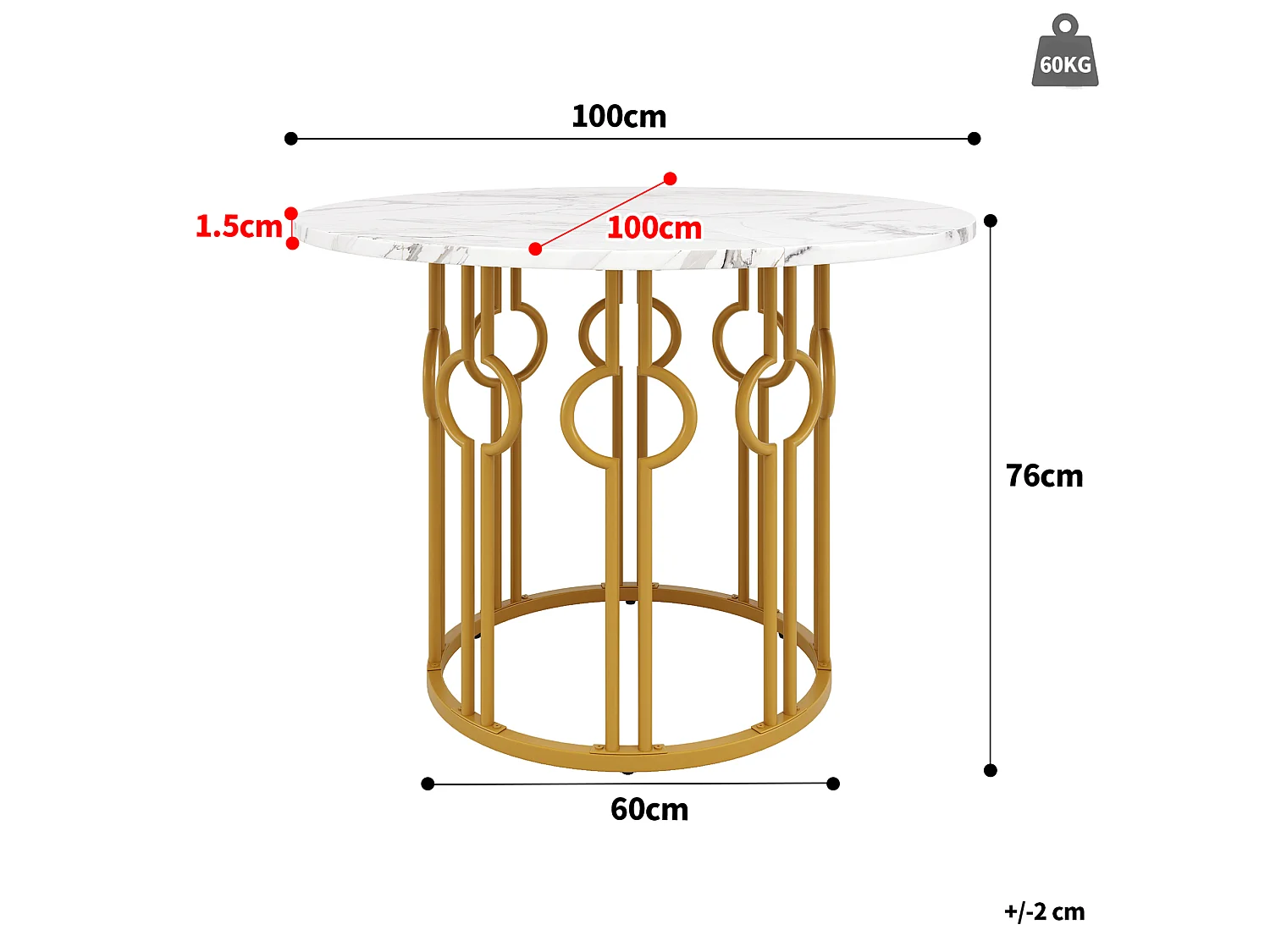 Table à manger ronde 100/100/76 cm avec pieds réglables MDF blanc et métal doré