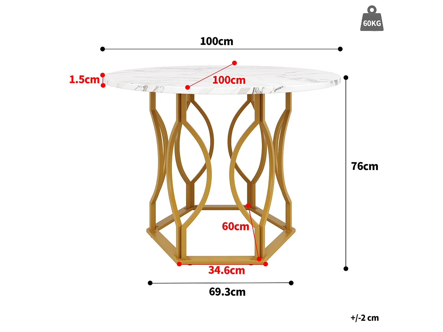 Table à manger ronde 100/100/76 cm avec pieds réglables MDF blanc et métal doré